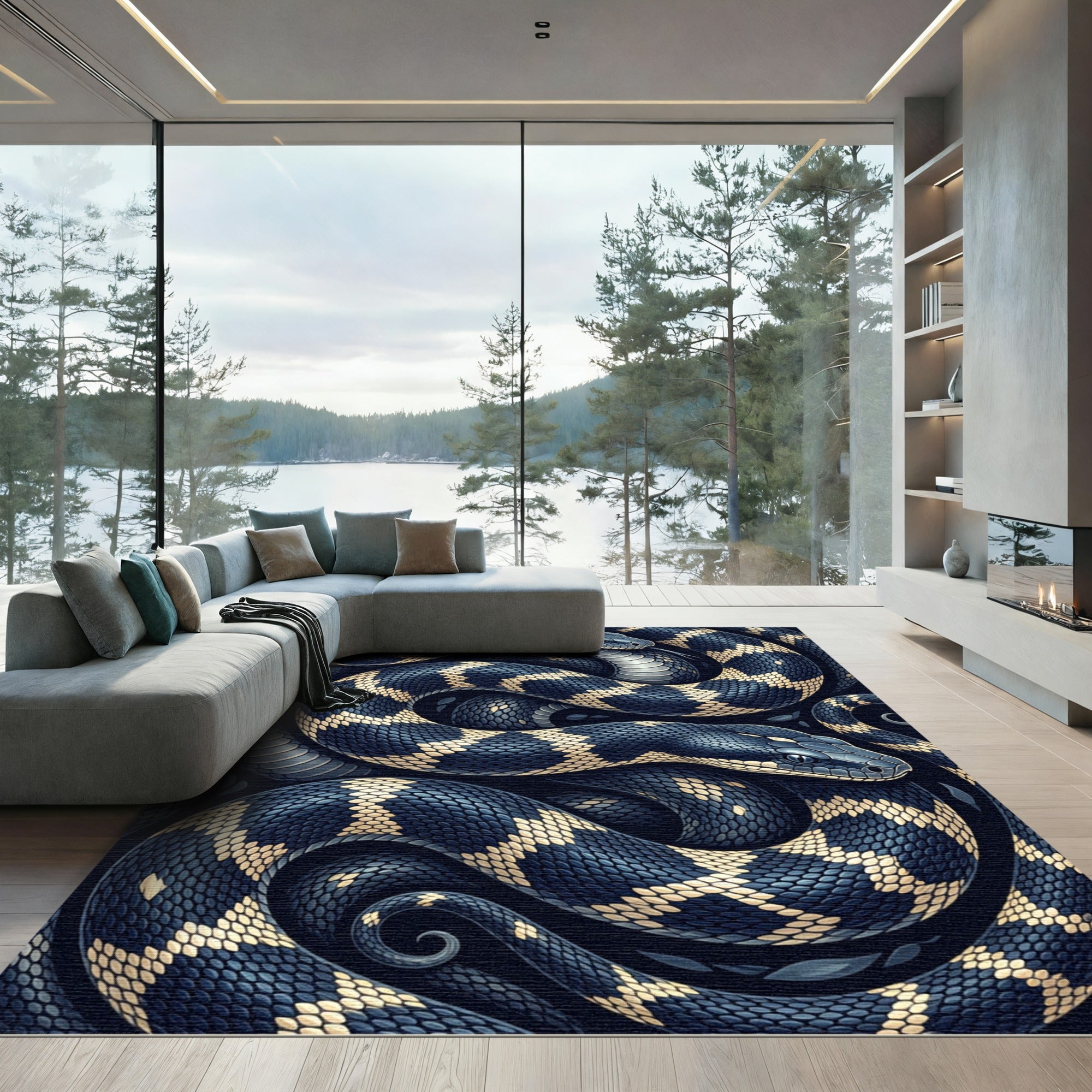 Coiled Serpent Dark Blue Gold Scales Rug