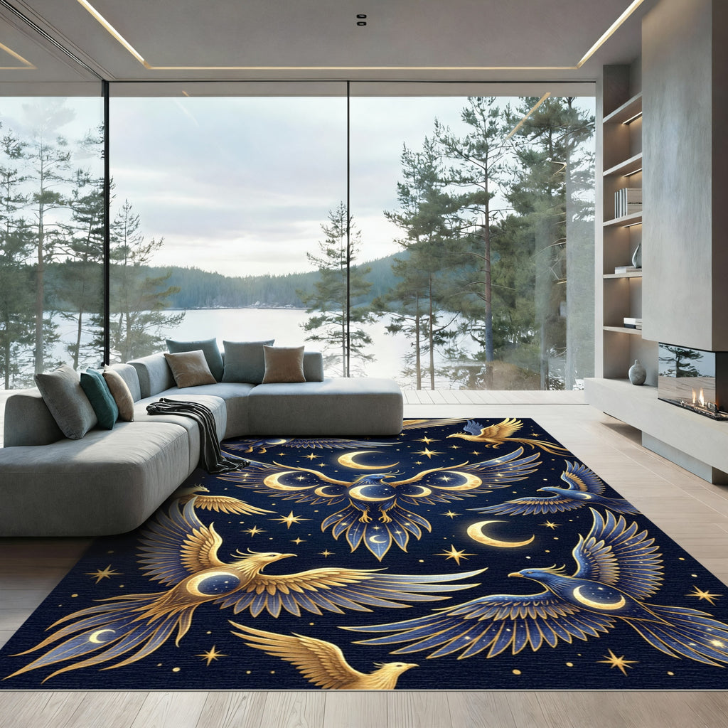 Golden Celestial Phoenix Moon Stars Rug