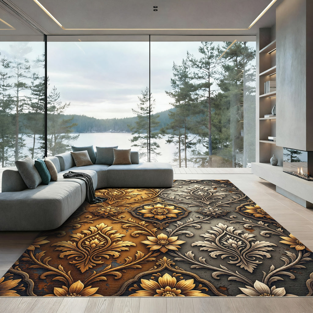Gold and Silver Damask Floral Scroll Rug