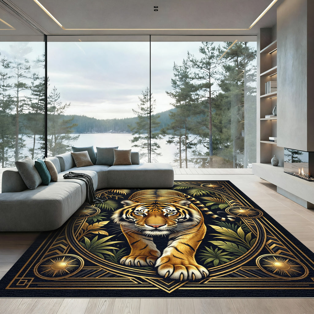 Golden Tiger Jungle Art Deco Emblem Rug