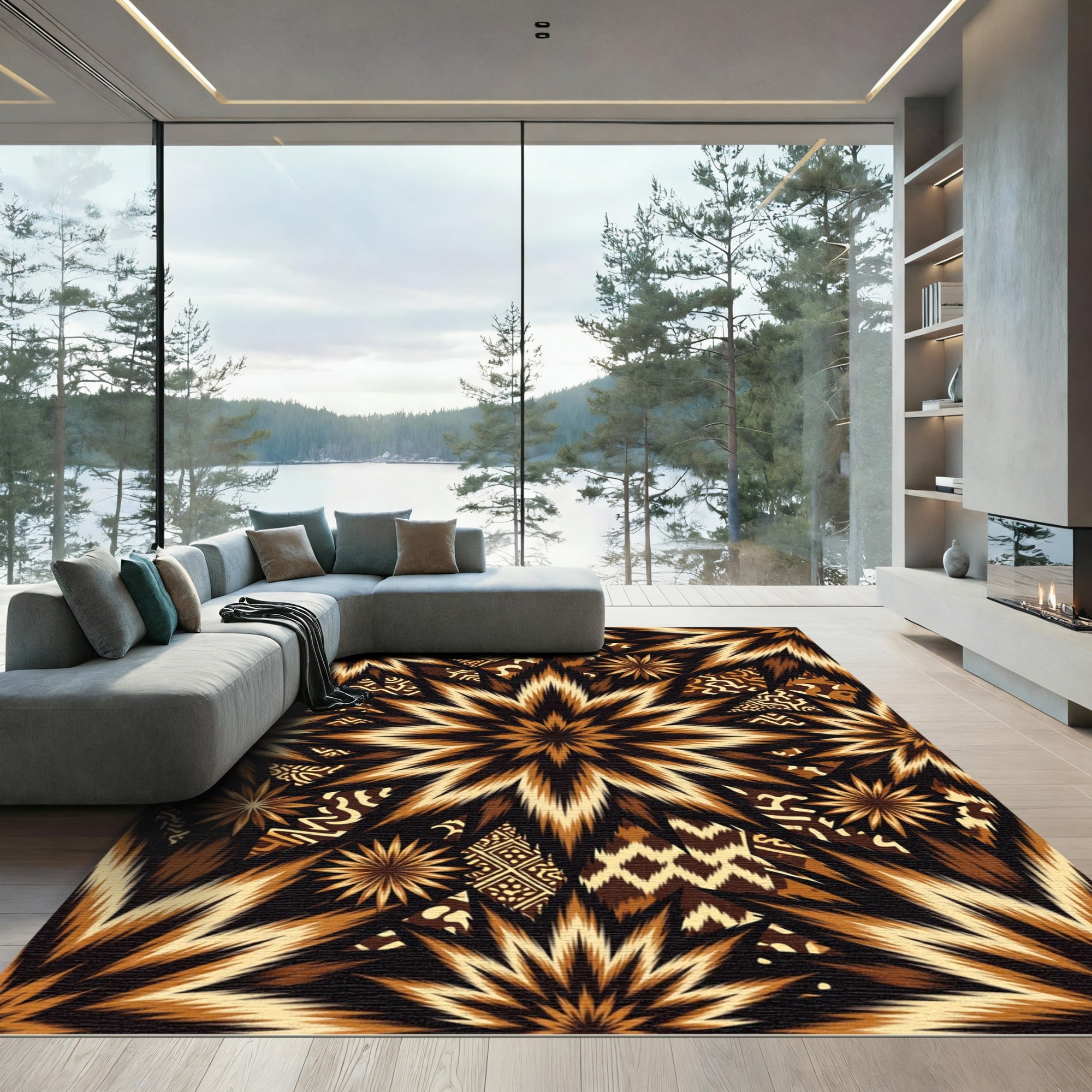 Expansive Brown Sunburst Tribal Rug