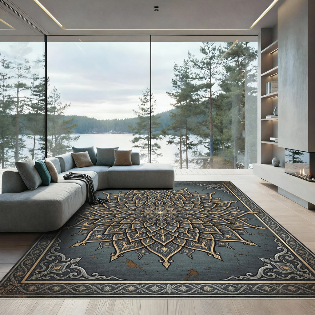 Elegant Slate and Gold Floral Mandala Rug
