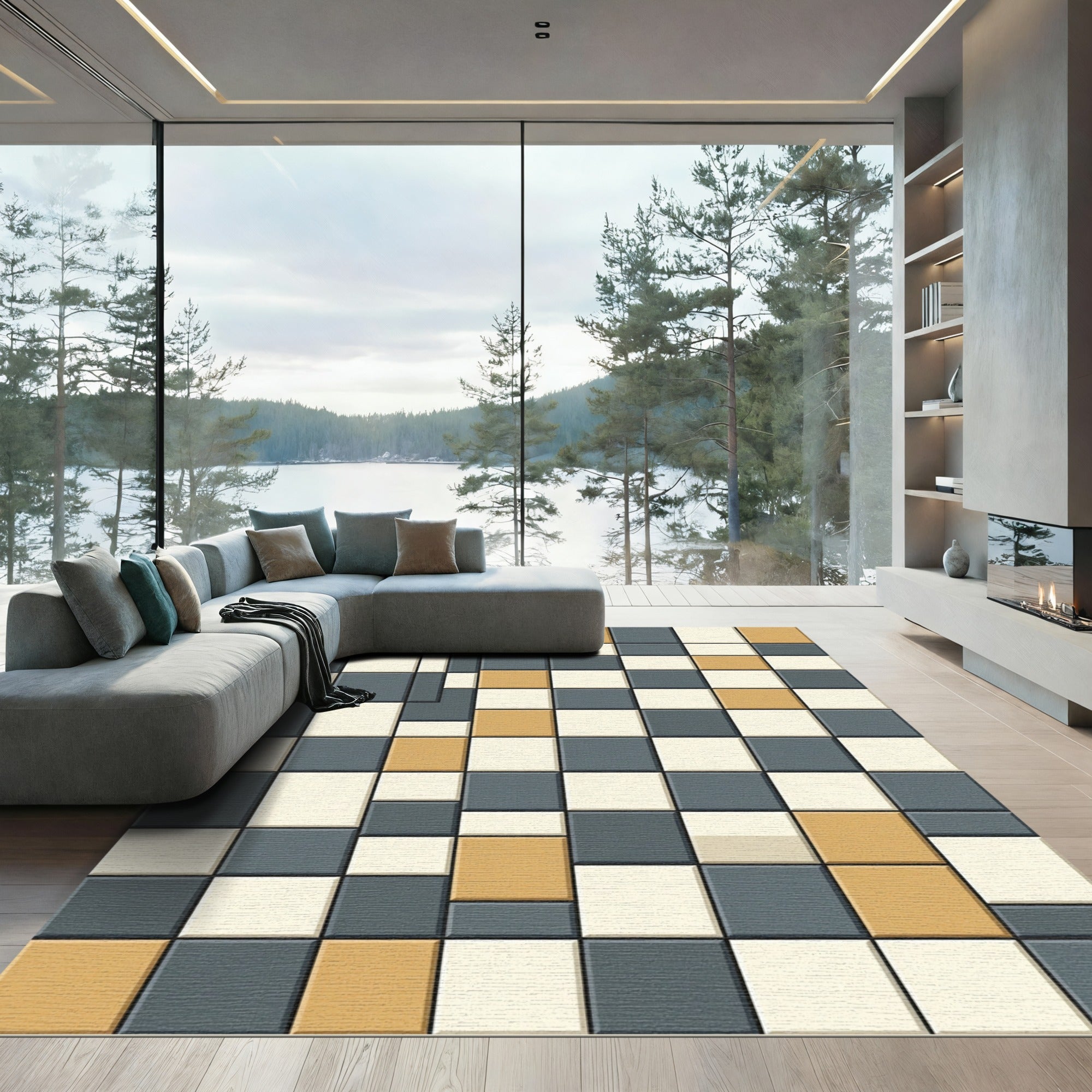 Modern Square Mosaic Tan Gray Rug
