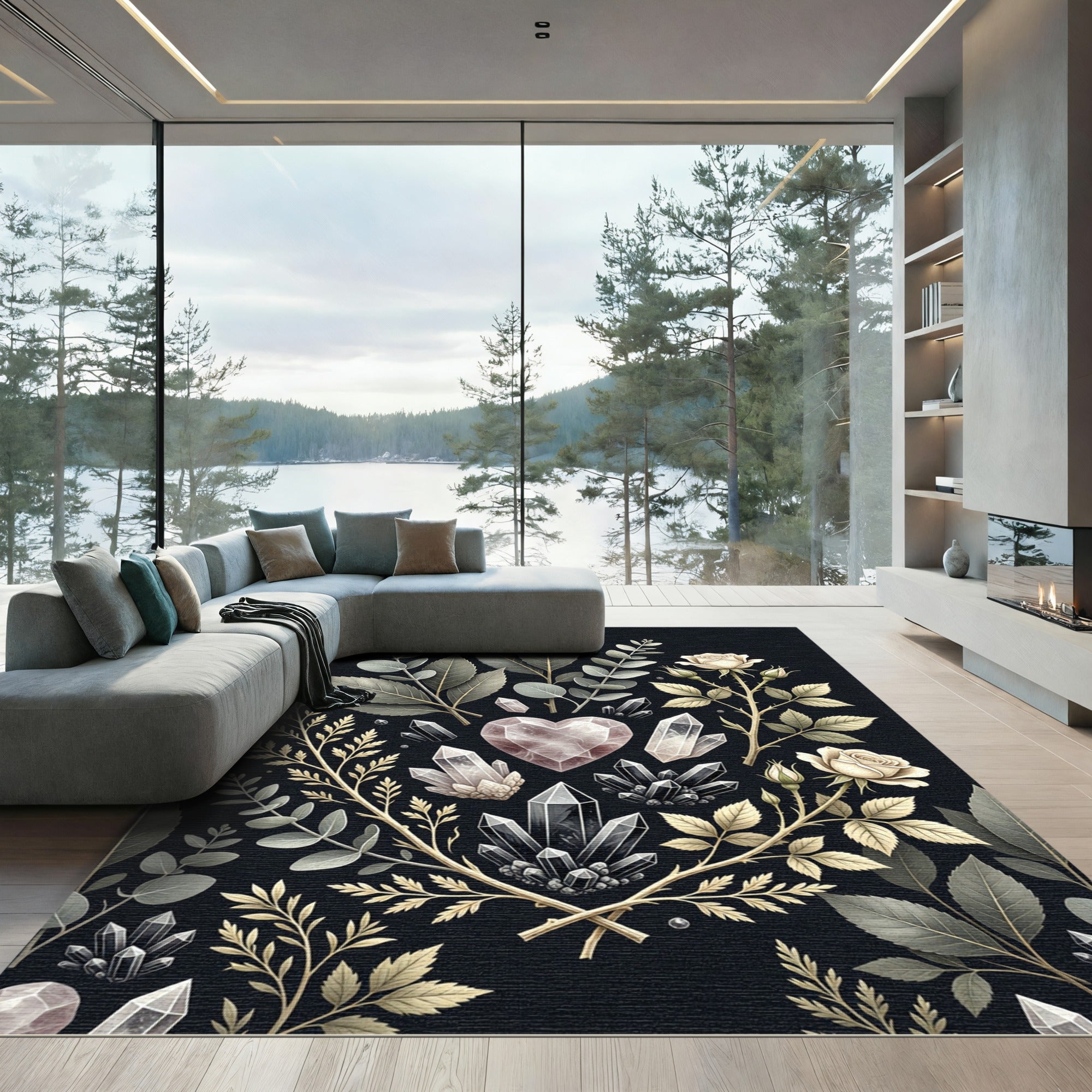 Mystical Crystal Rose Botanical Illustration Rug