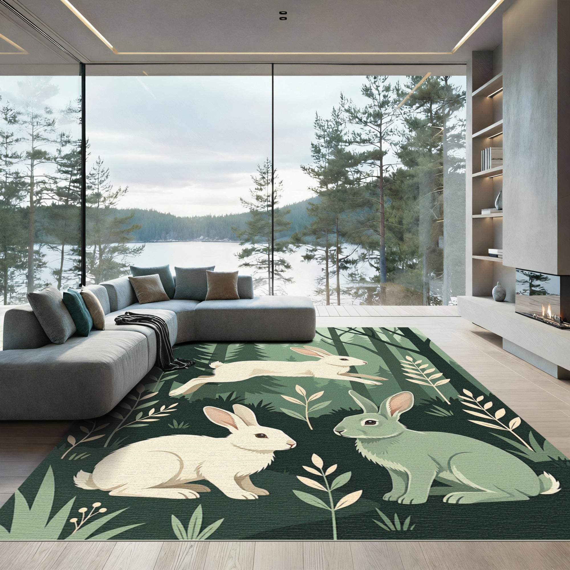Serene Forest Bunnies Woodland Illustration Rug