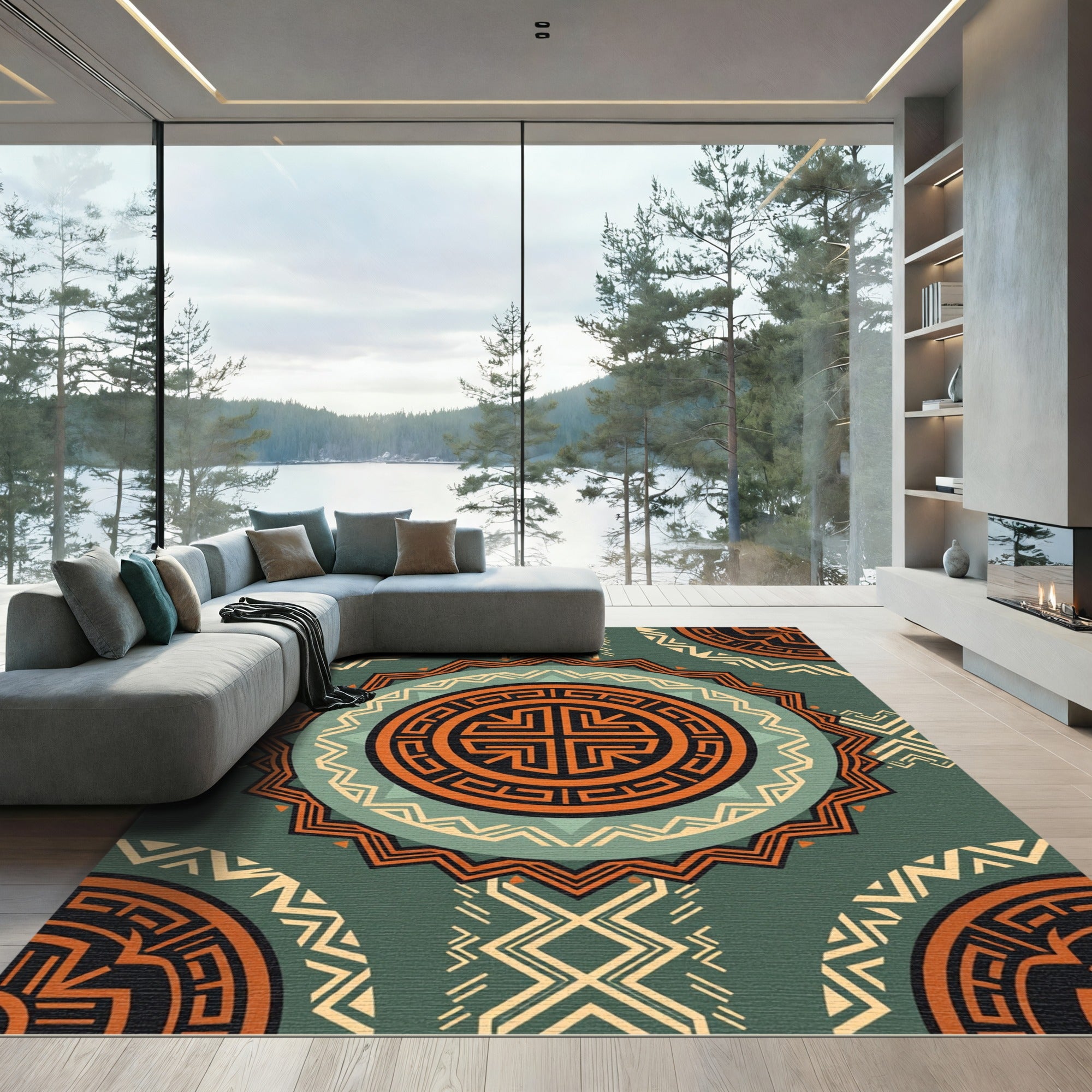 Terracotta Teal Geometric Tribal Medallion Rug