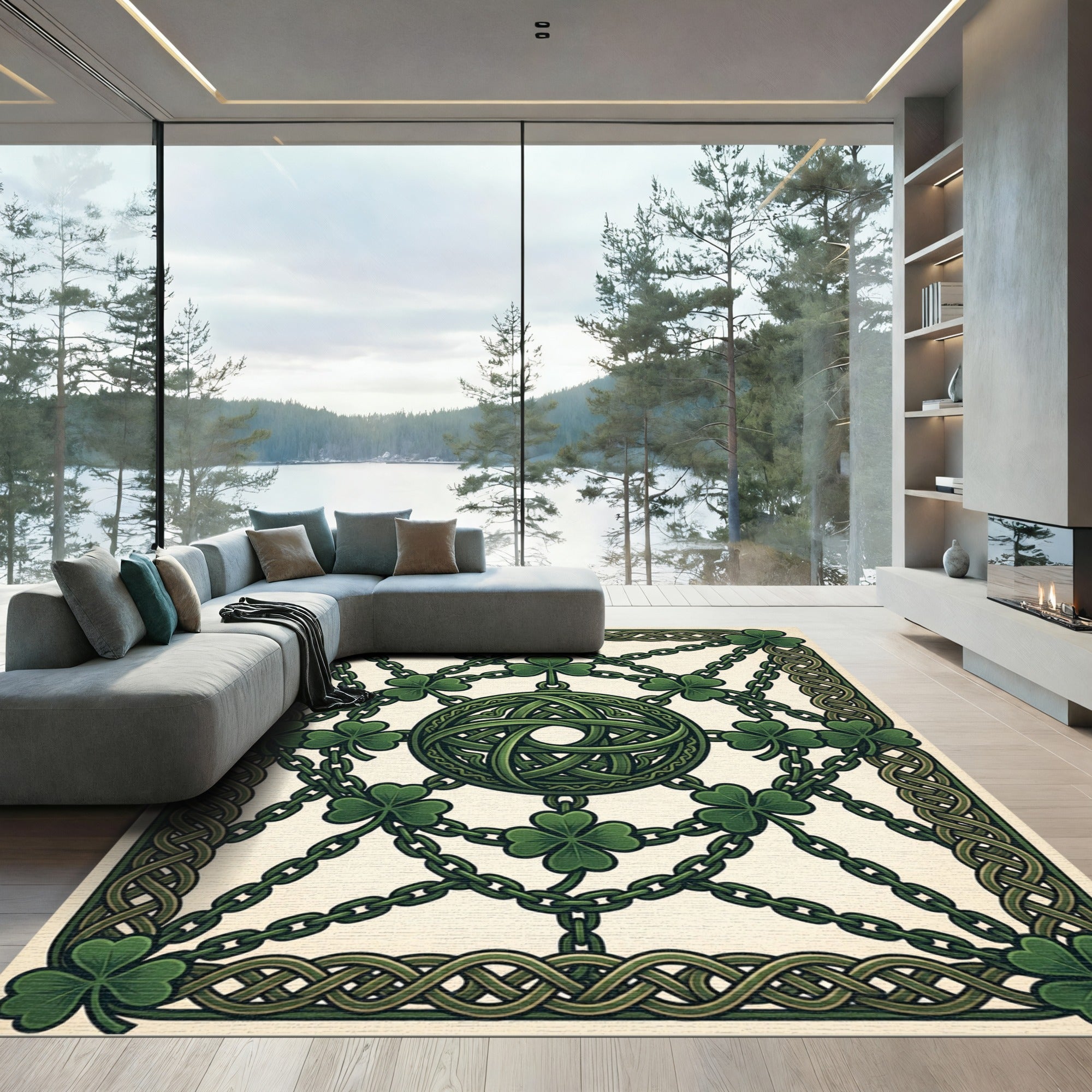 Intricate Celtic Knotwork Emerald Clover Emblem Rug