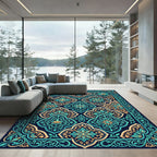 Intricate Teal and Gold Floral Medallion Rug