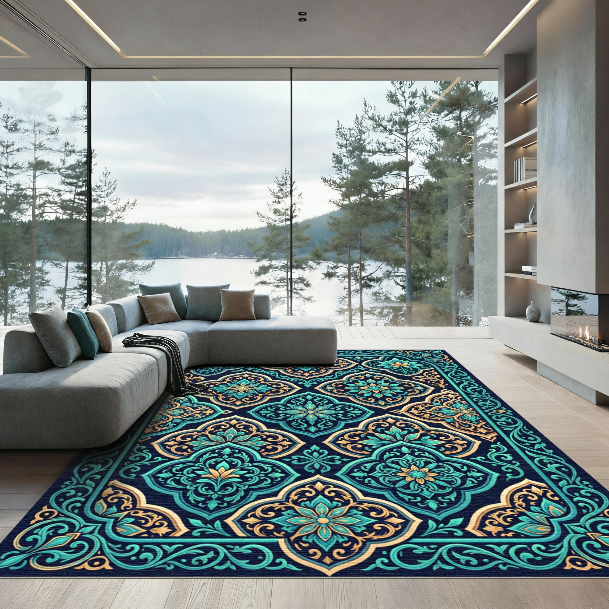 Intricate Teal and Gold Floral Medallion Rug