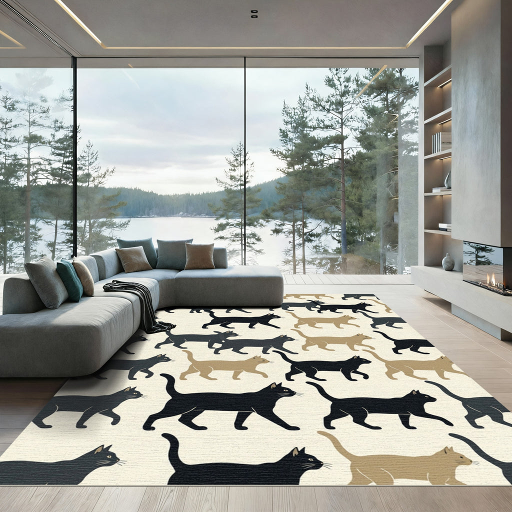Minimalist Black and Tan Walking Cats Rug