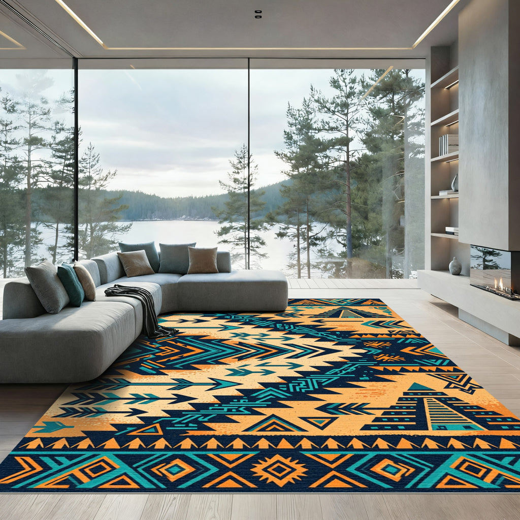 Southwestern Teal and Ochre Geometric Arrow Rug