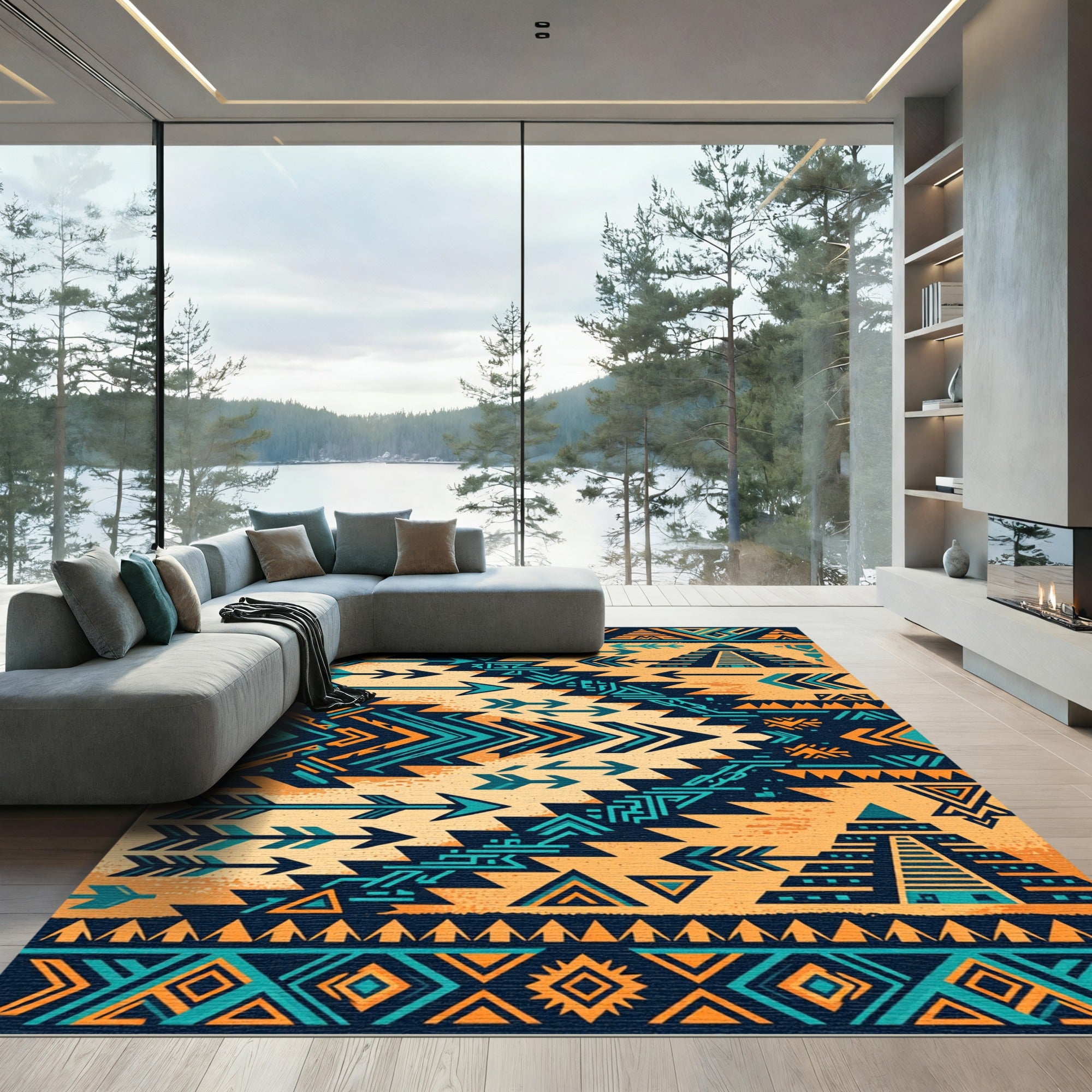 Southwestern Teal and Ochre Geometric Arrow Rug