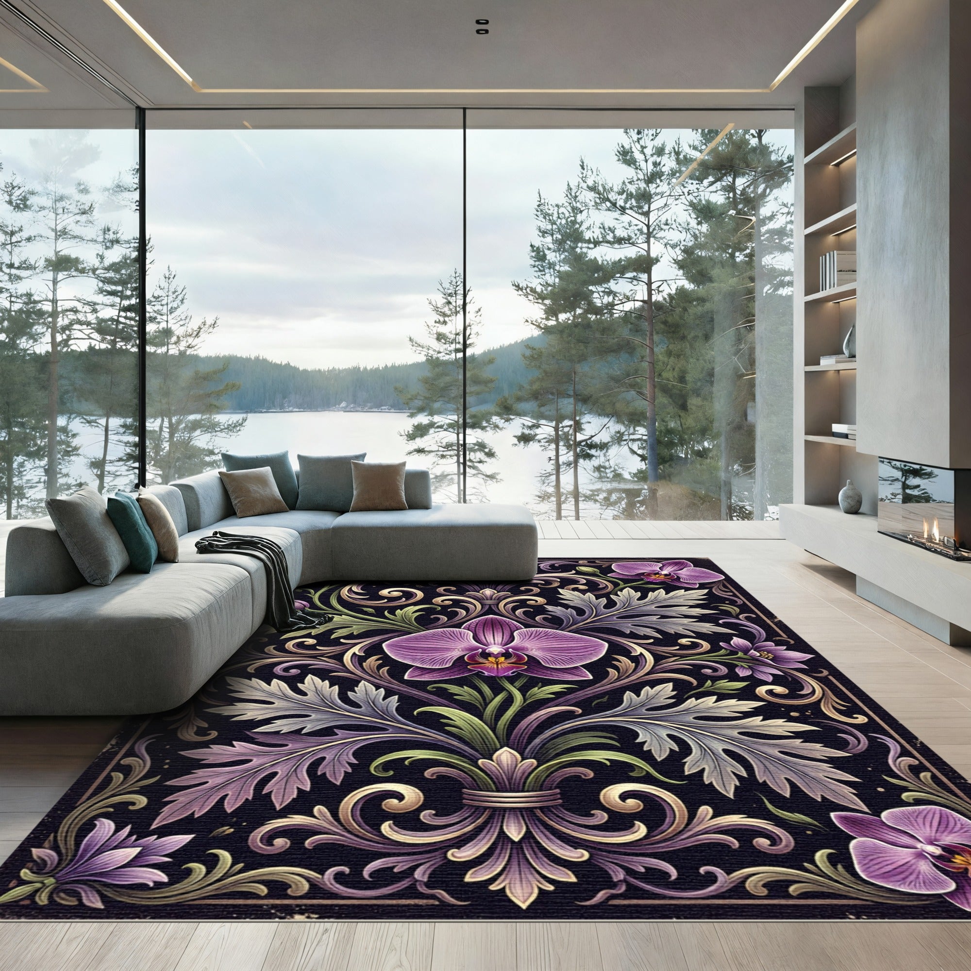 Orchid Floral Scrollwork Purple Gold Rug