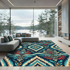 Boho Navy Teal Ikat Floral Medallion Rug