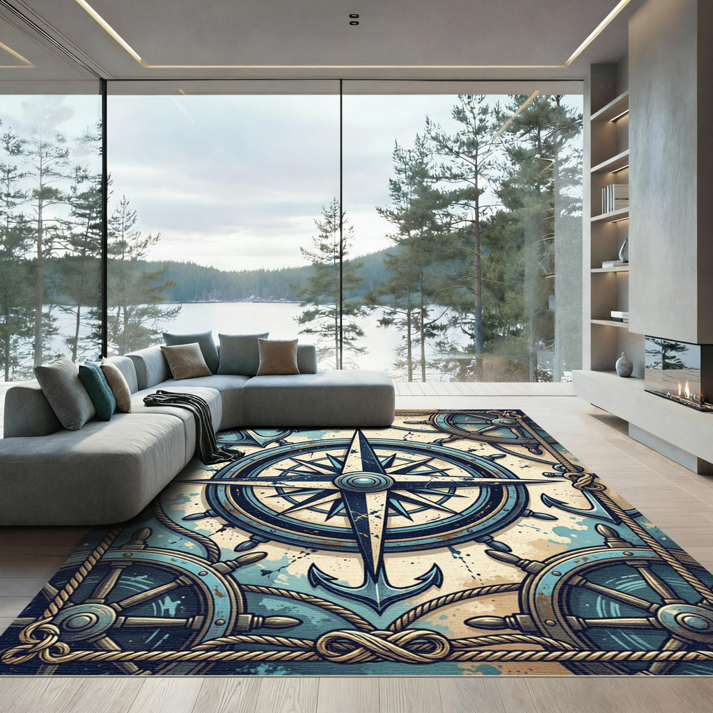 Nautical Spoke Compass Wheel Anchor Rug