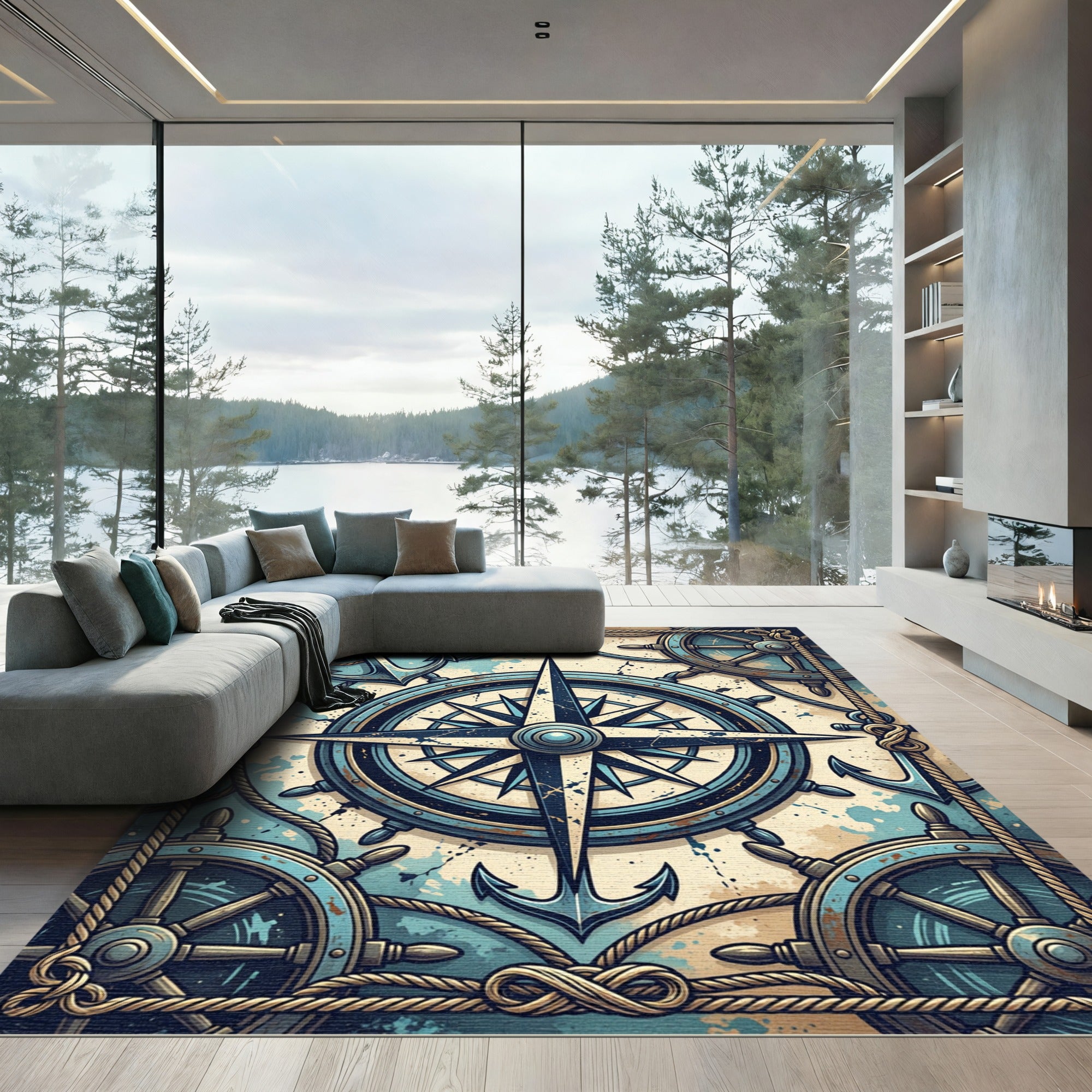 Nautical Spoke Compass Wheel Anchor Rug