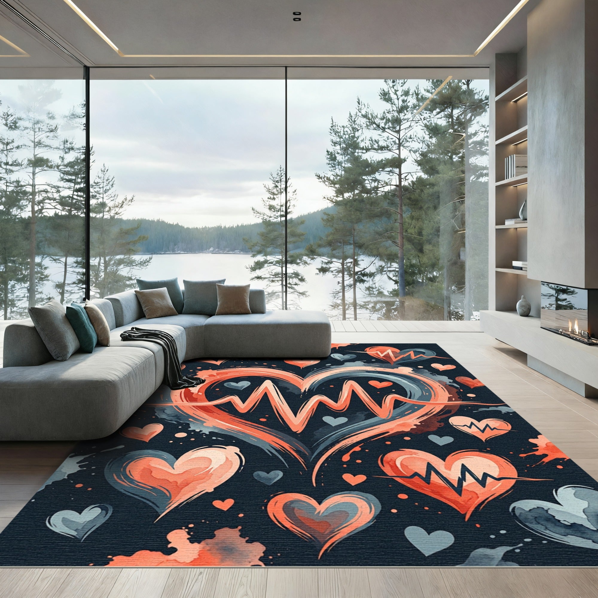 Coral Blue Heartbeat Love Splash Rug
