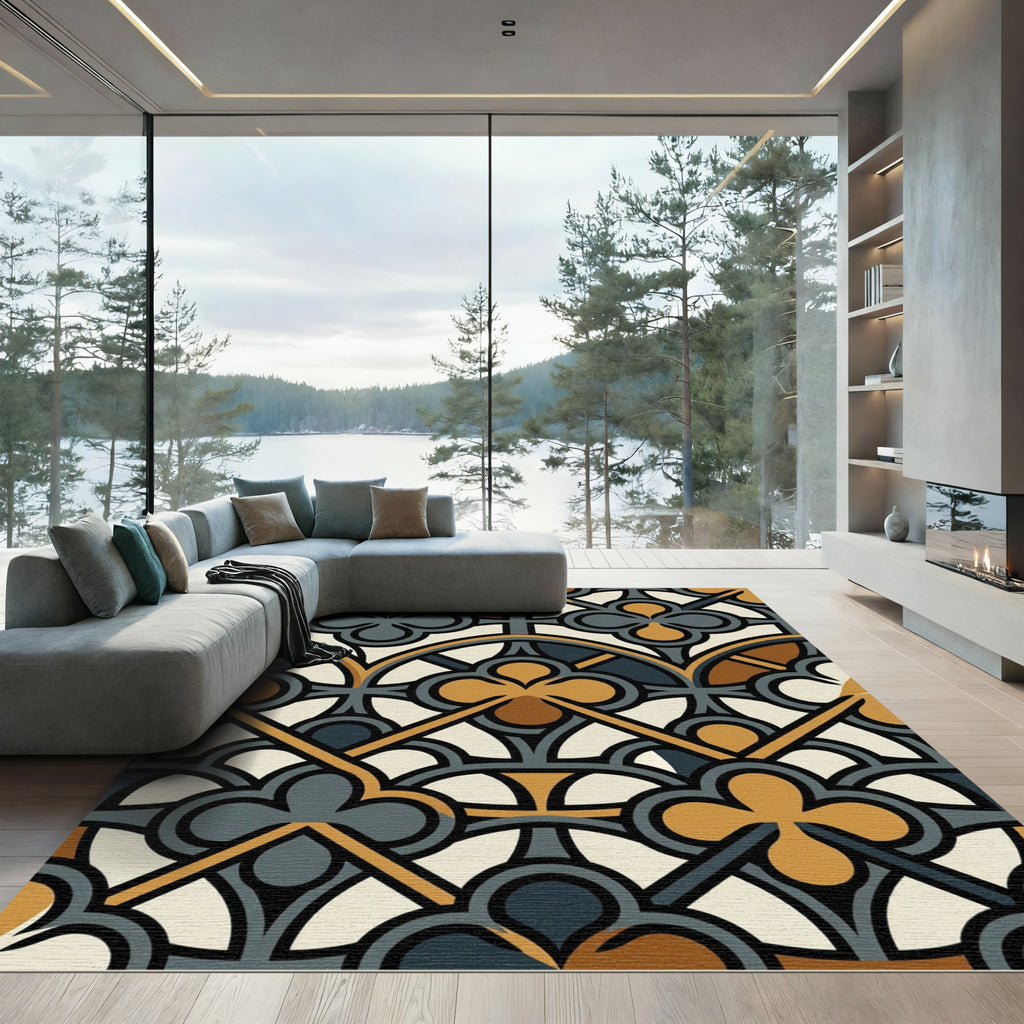Gothic Clover Trefoil Amber Charcoal Geometric Rug