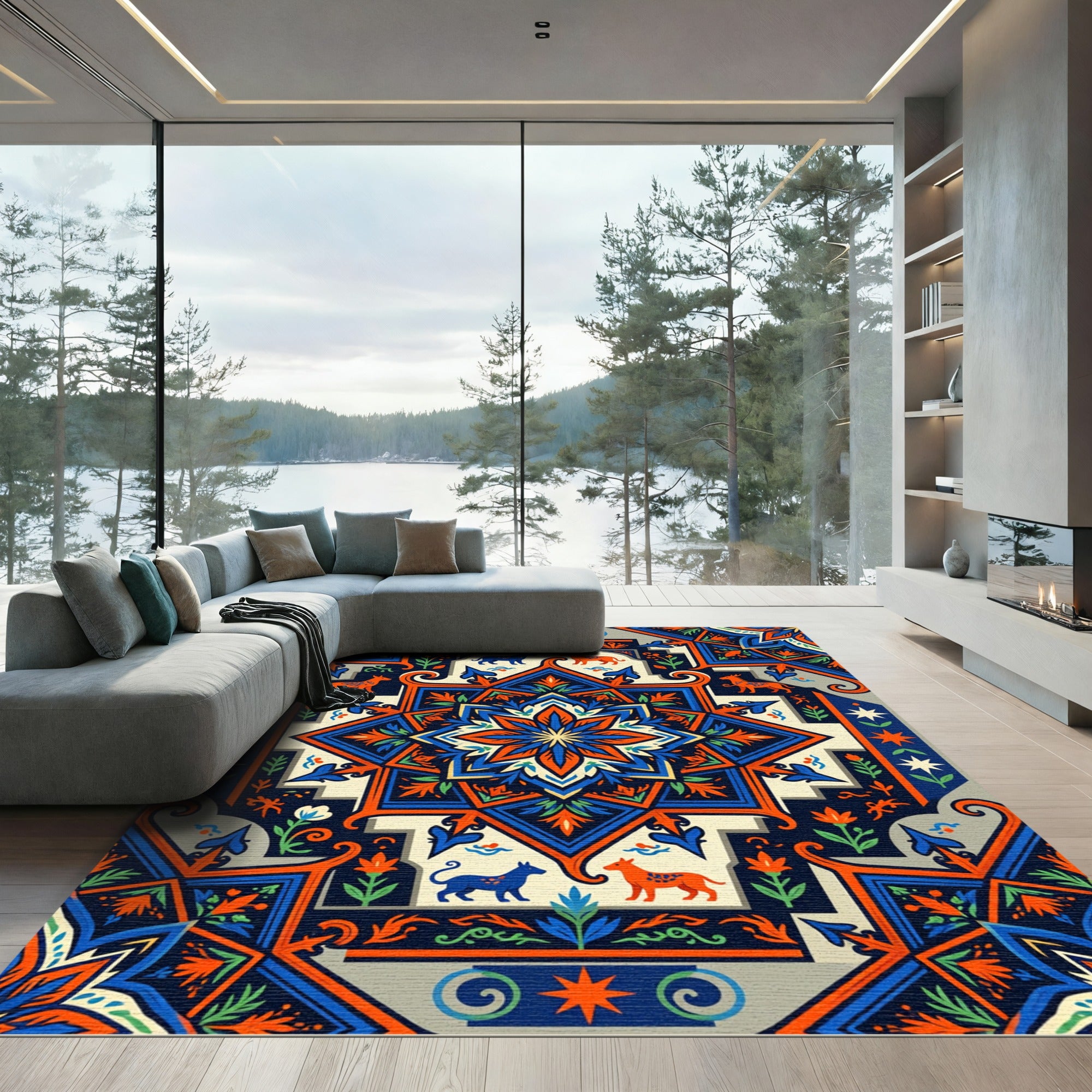 Vibrant Blue and Orange Animal Medallion Rug