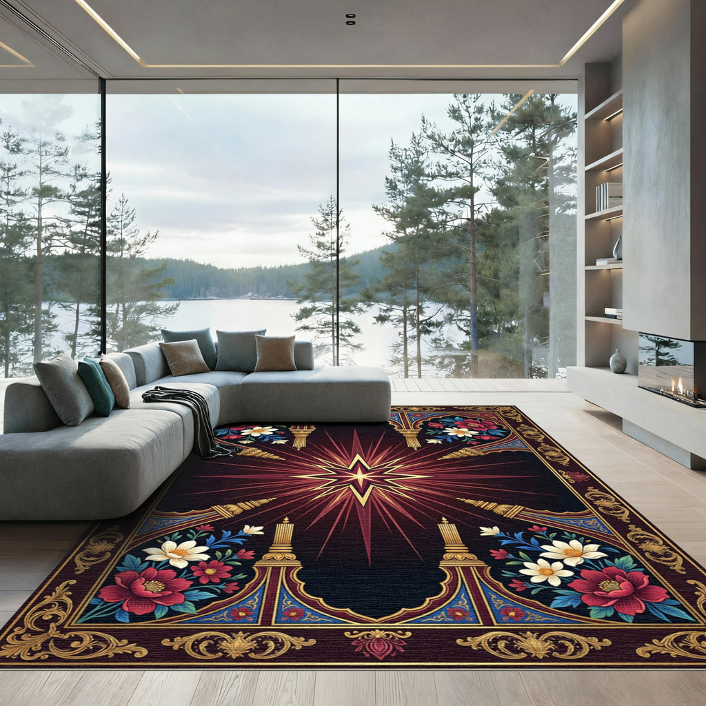 Radiant Deep Crimson Star Floral Ornament Rug