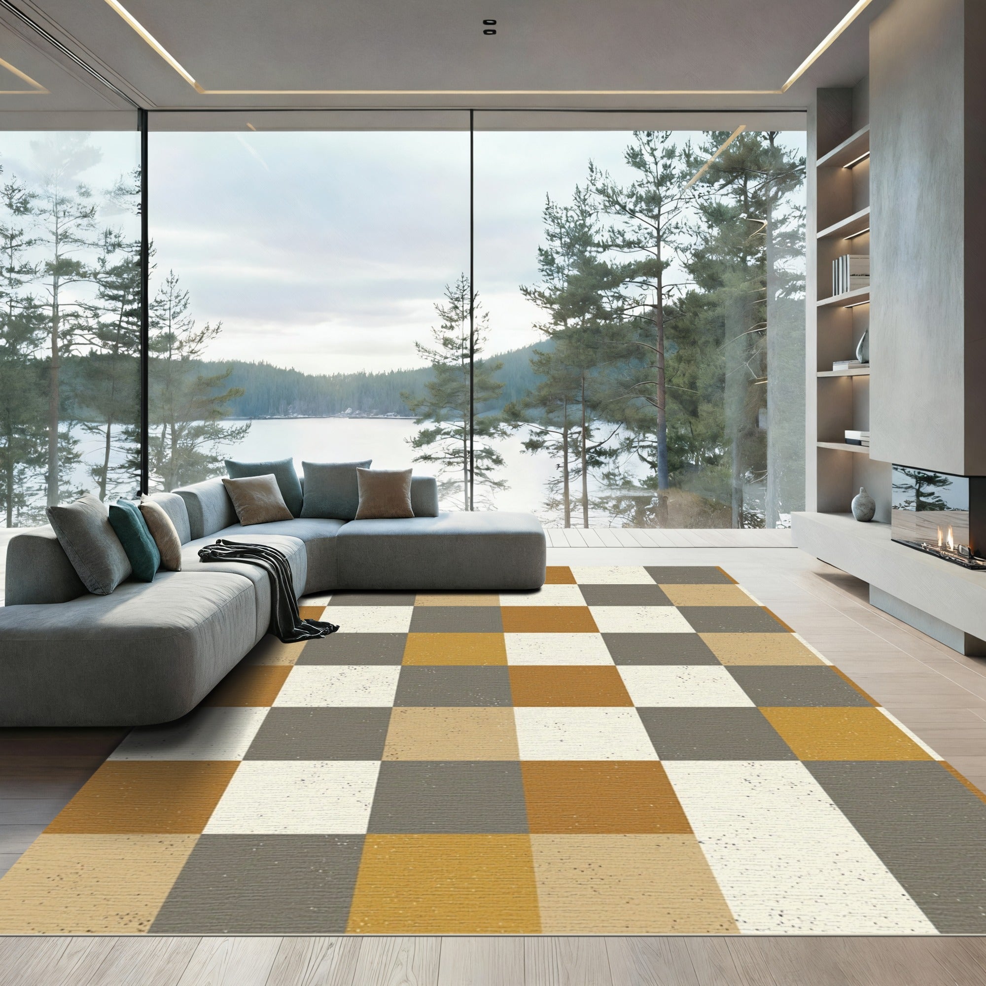 Earthy Toned Distressed Checkerboard Grid Rug