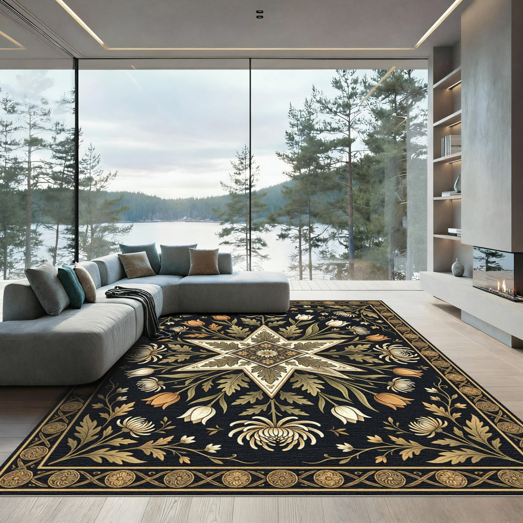 Floral Star Gold Black Botanical Art Rug