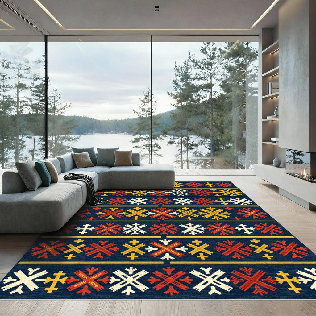 Red Yellow White Geometric Folk Rug