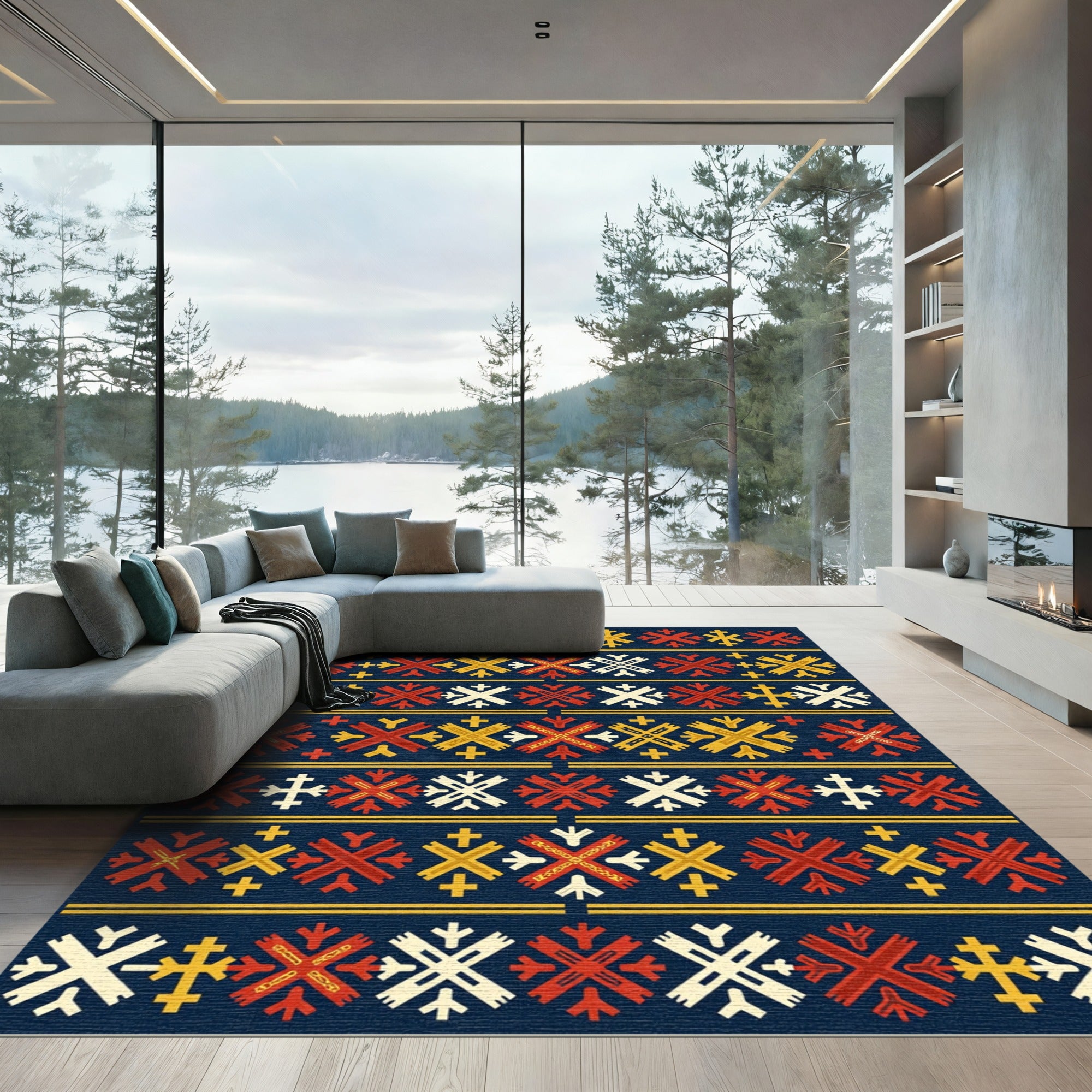 Red Yellow White Geometric Folk Rug