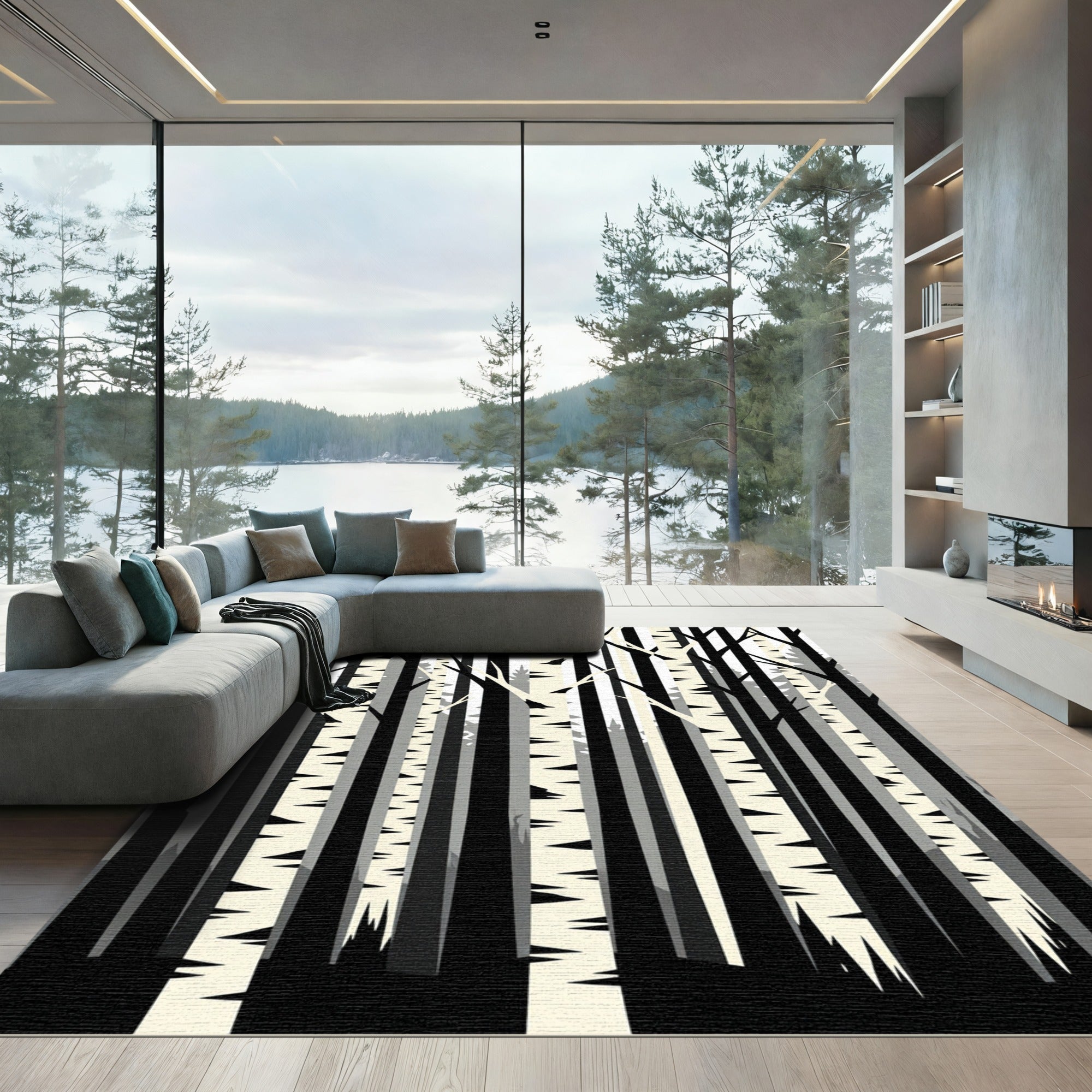 Minimalist Monochrome Birch Forest Grove Rug