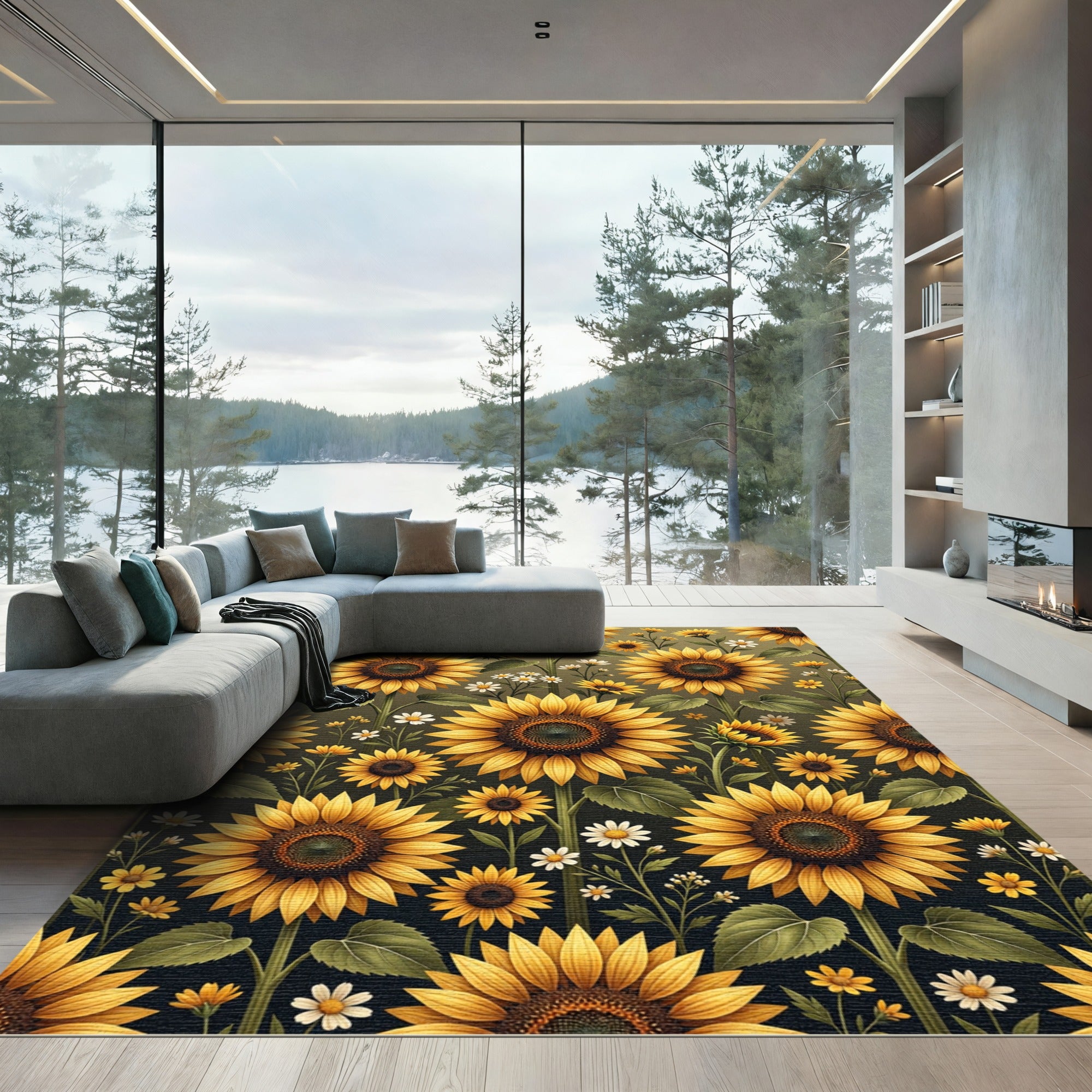 Sunny Yellow Sunflower Garden Arrangement Rug