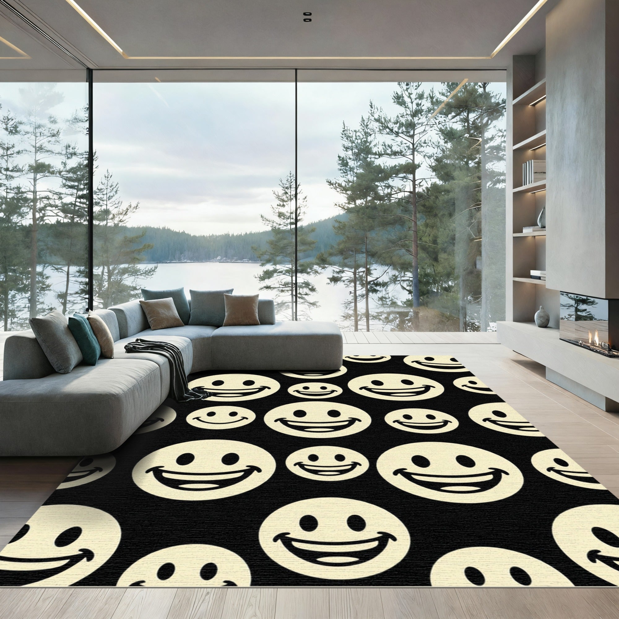 Bold Monochrome Smiling Faces Graphic Rug