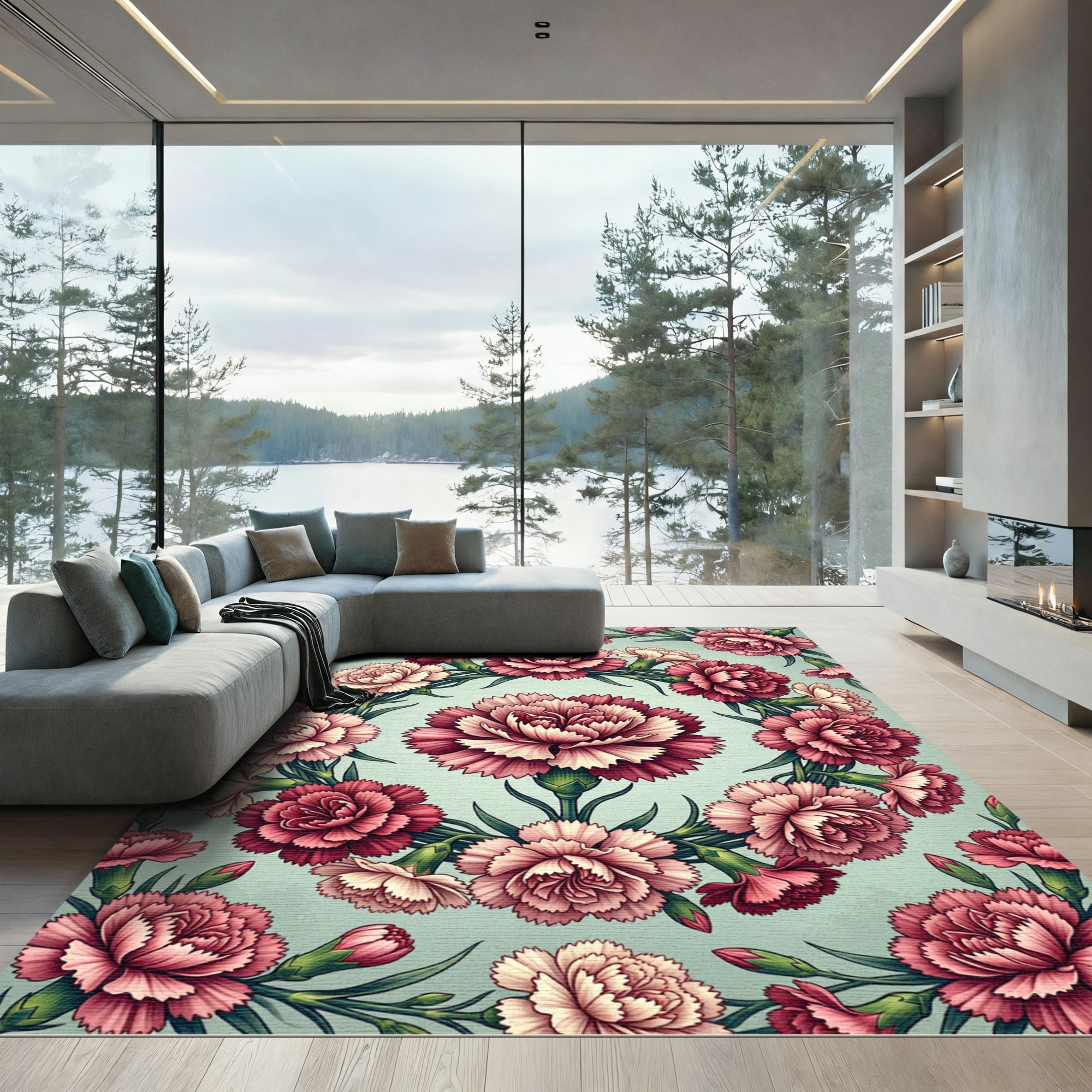 Elegant Pink Carnation Floral Wreath Rug