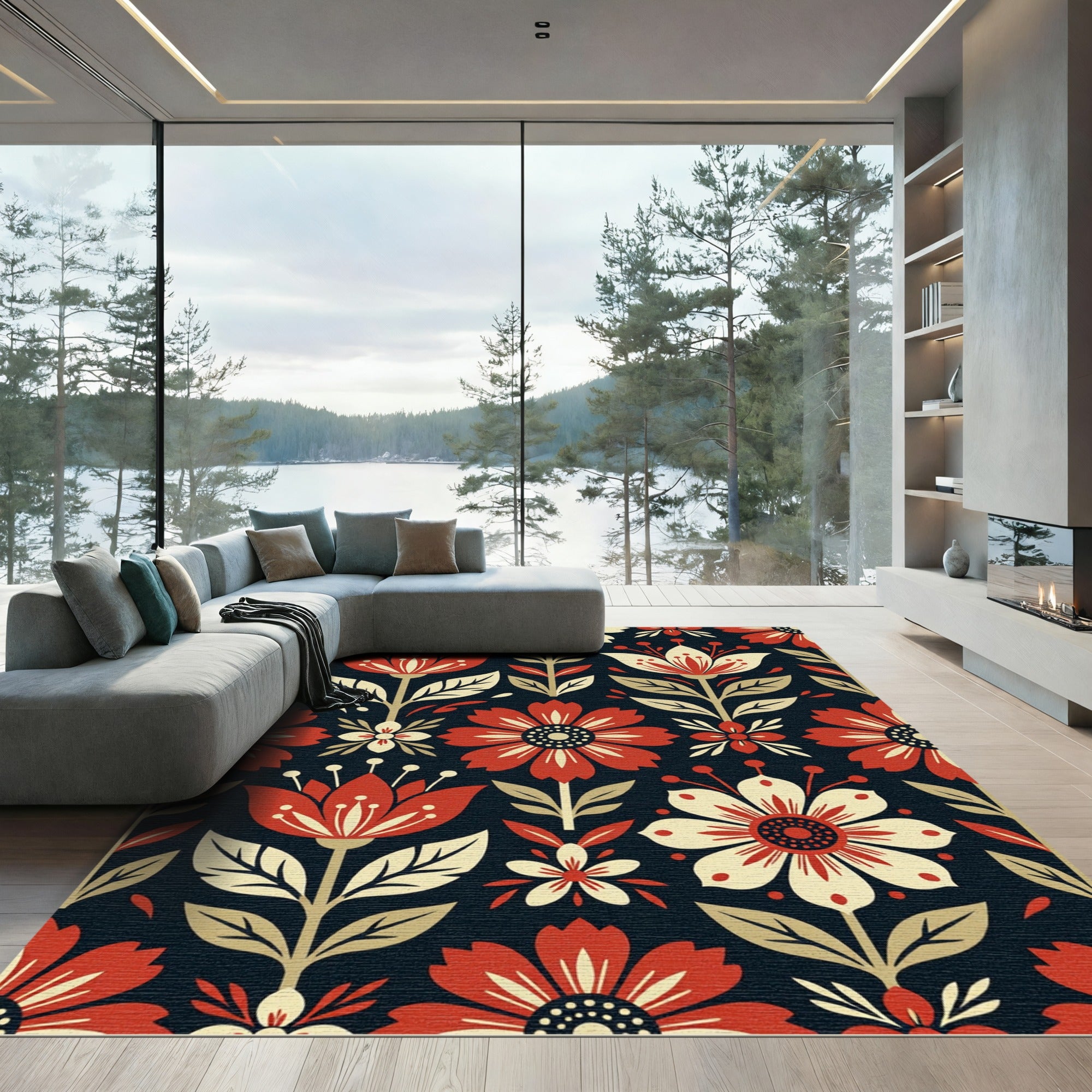 Mid Century Floral Botanical Tapestry Rug