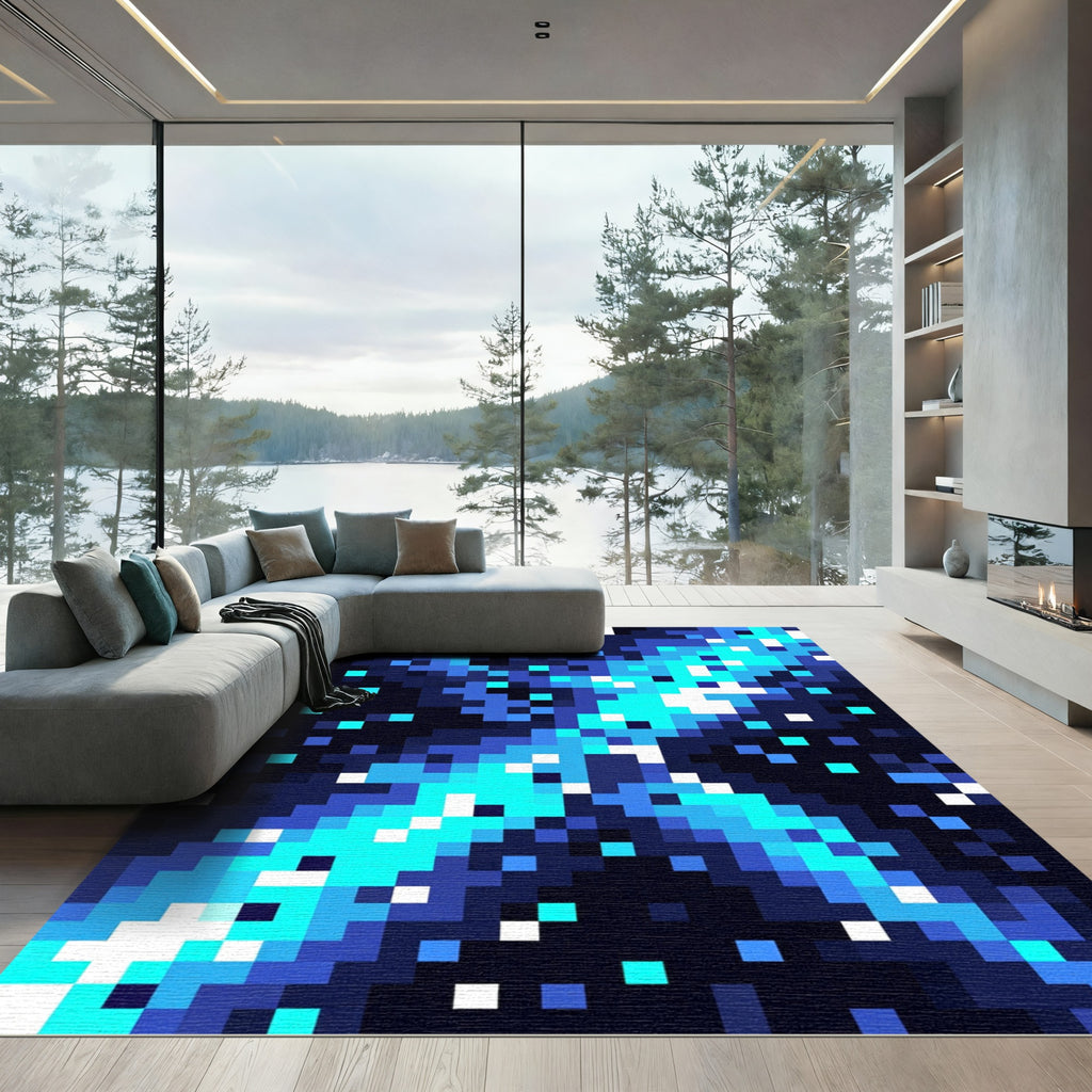 Electric Blue Abstract Pixel Art Galaxy Rug
