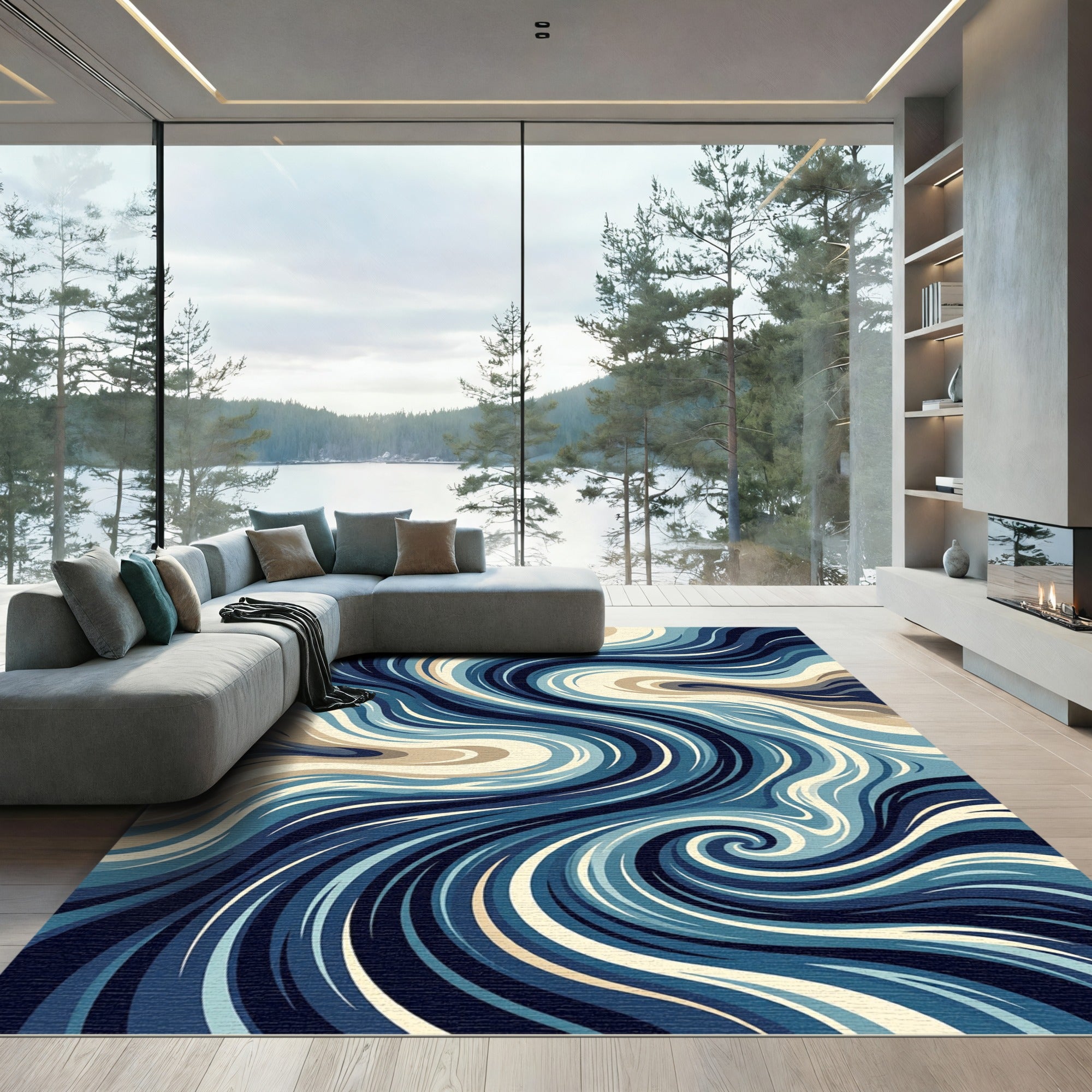 Deep Blue Swirl Abstract Wave Rug