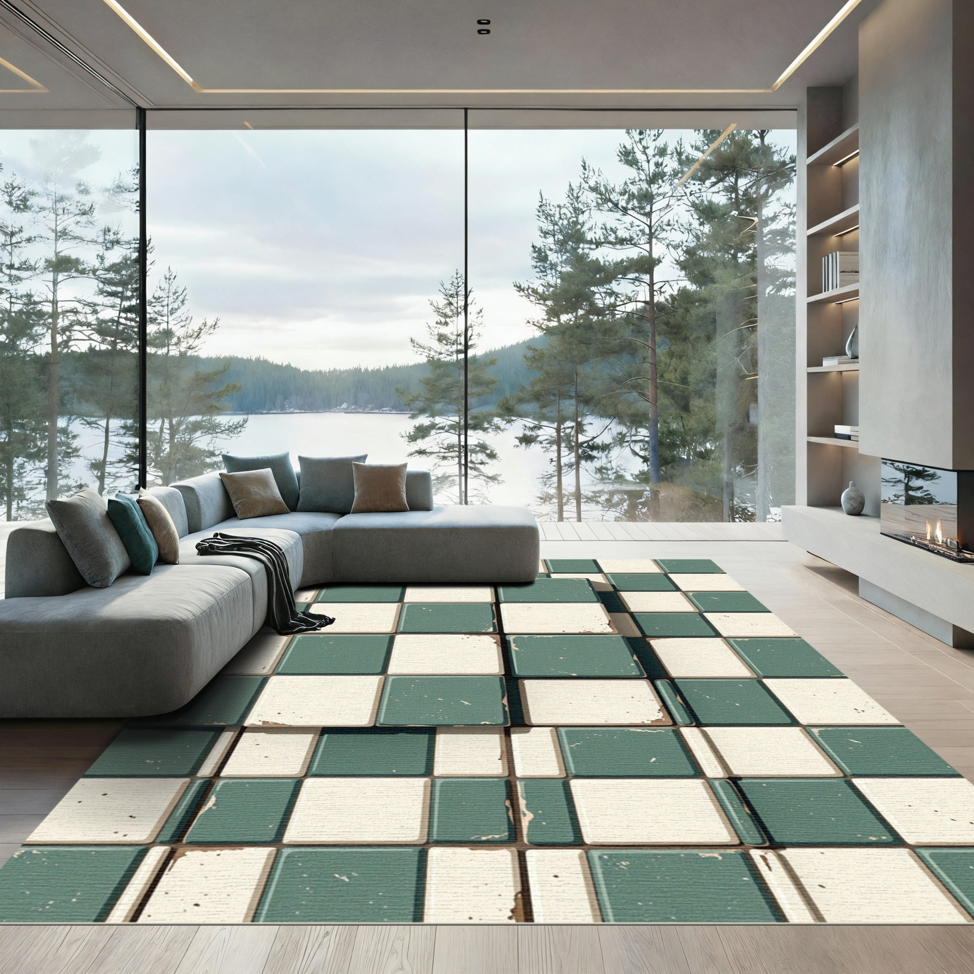 Distressed Sage and Cream Checkerboard Grid Rug