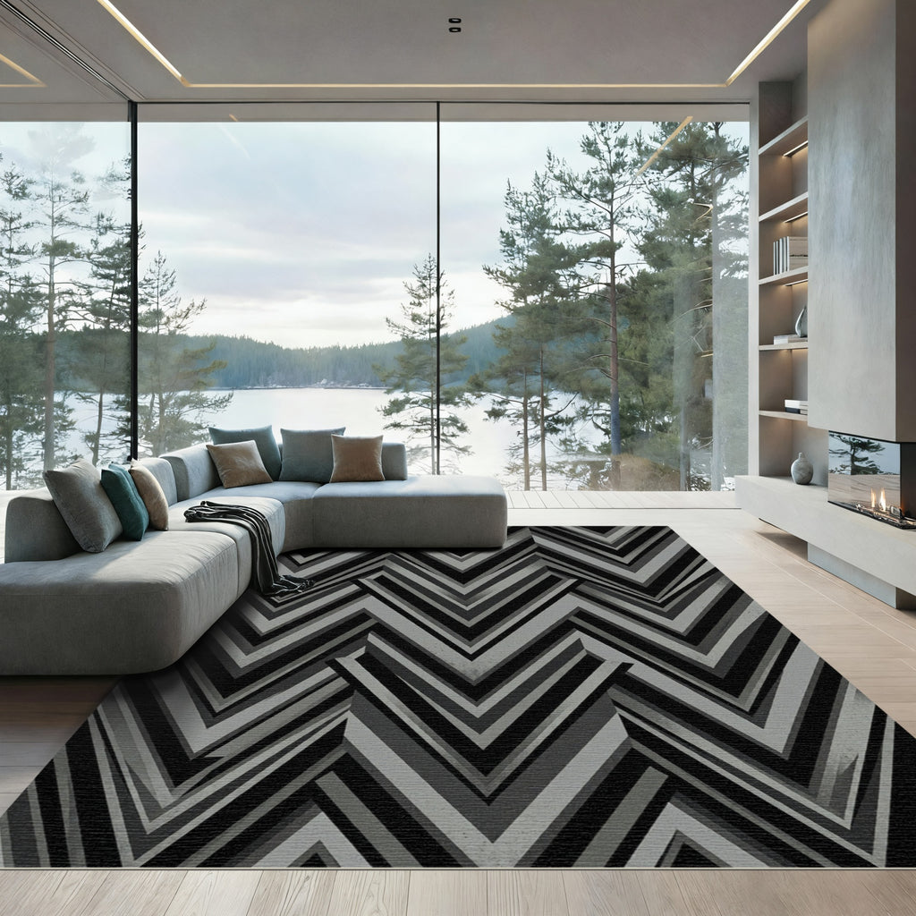 Monochrome Geometric Chevron Zigzag Art Rug