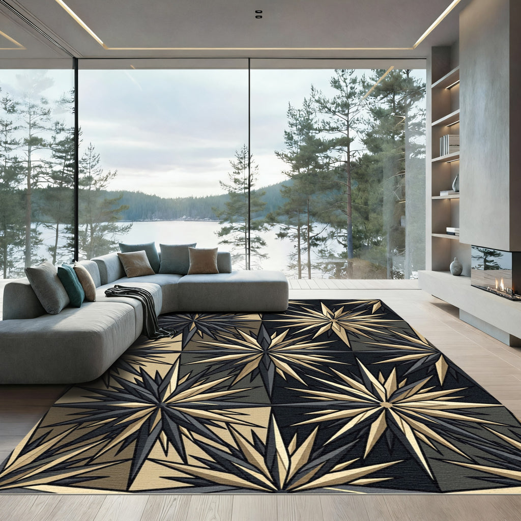 Geometric Gold And Black Sunburst Rug