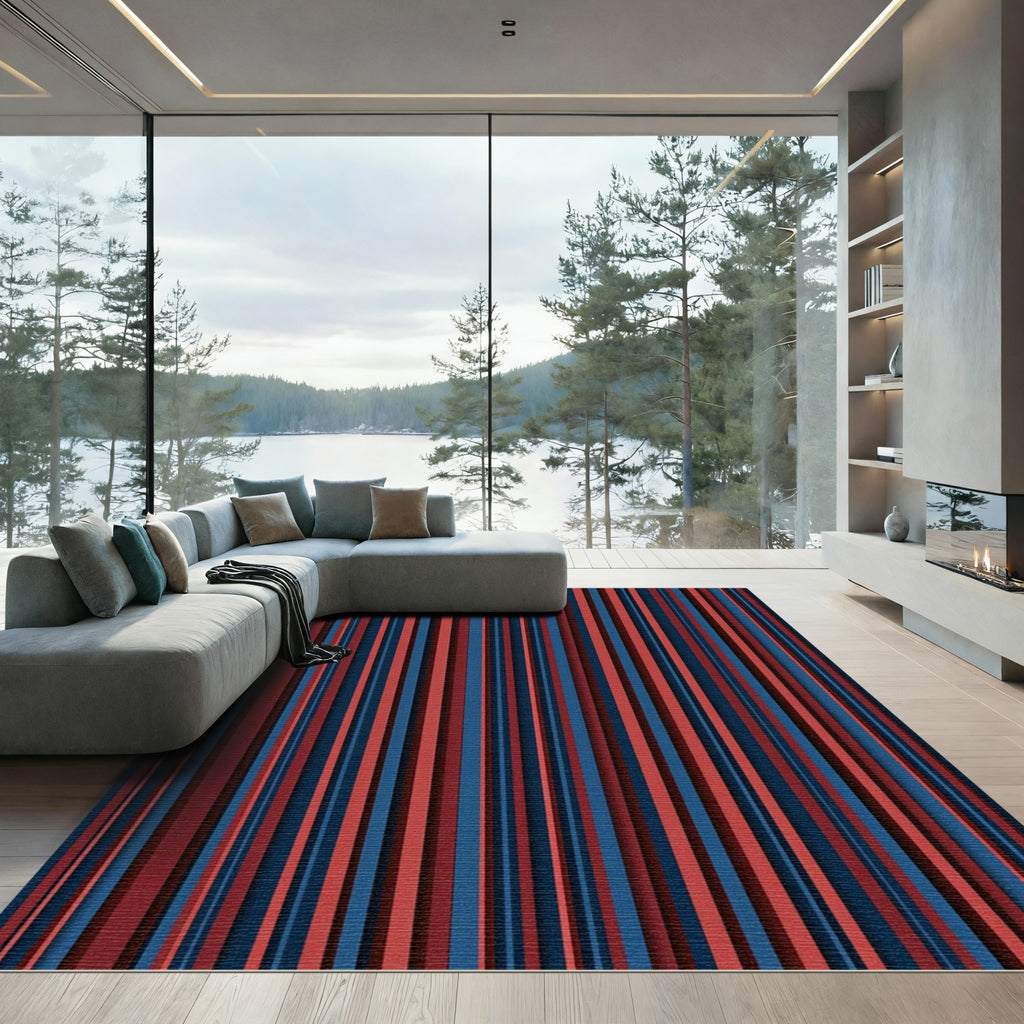 Crimson Navy Vertical Stripe Rug