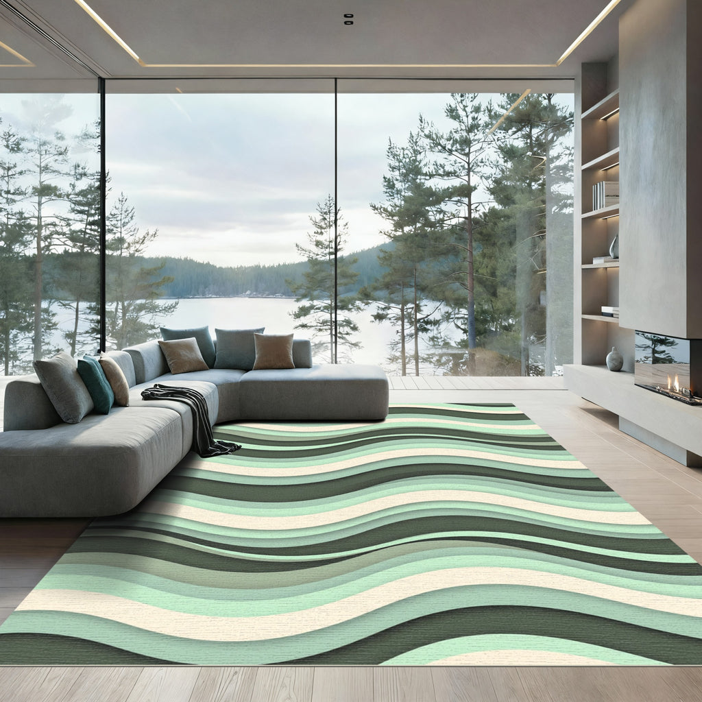 Sage Green Layered Wavy Abstract Stripes Rug