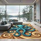Teal Octopus with Swirling Sand Texture Rug