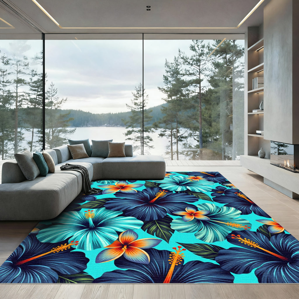 Vibrant Tropical Hibiscus Floral Aqua Rug