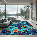Vibrant Tropical Hibiscus Floral Aqua Rug