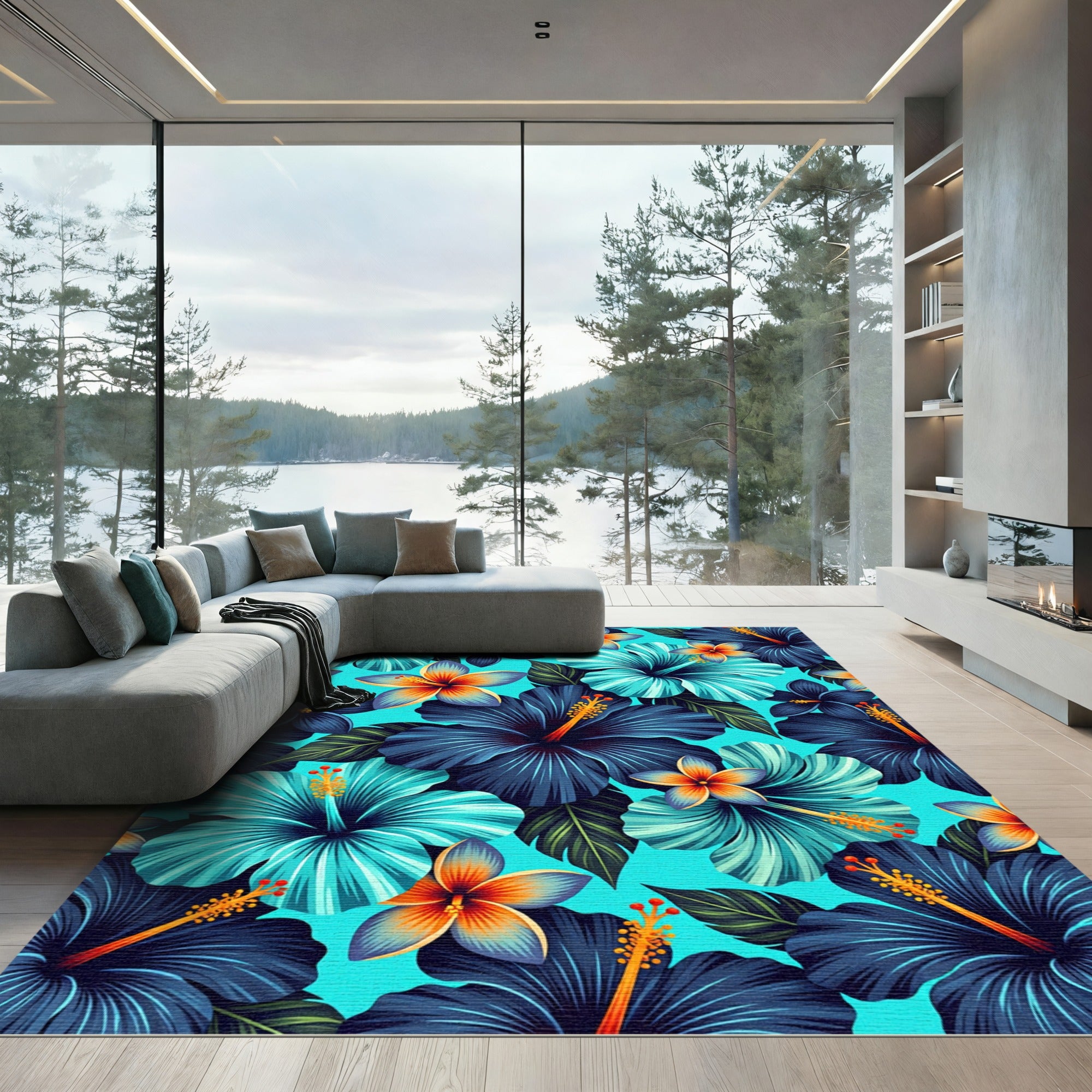 Vibrant Tropical Hibiscus Floral Aqua Rug