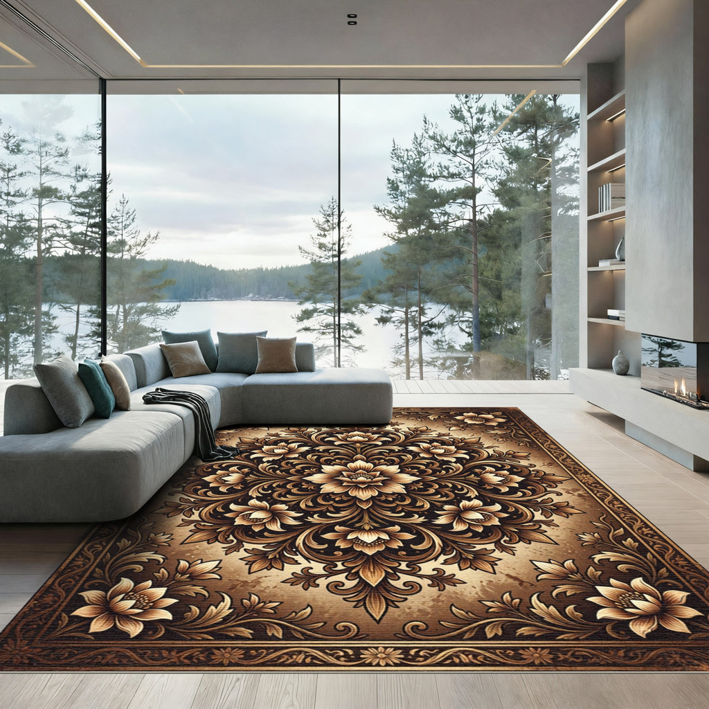 Ornate Golden Floral Damask Medallion Rug