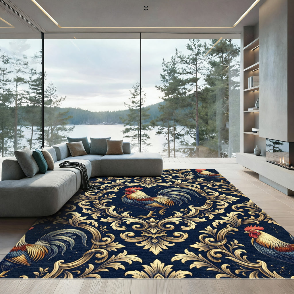Ornate Golden Rooster Baroque Scroll Rug
