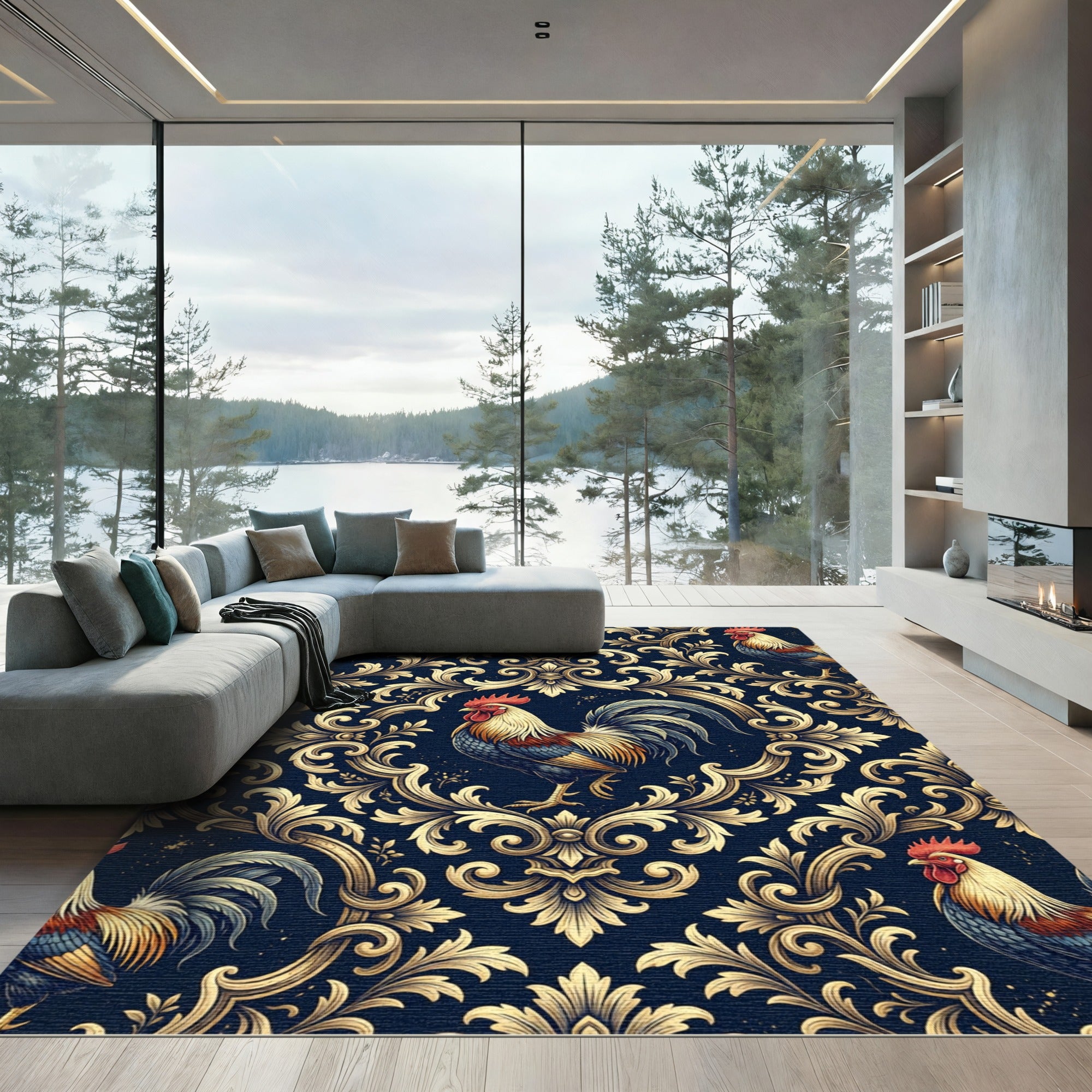 Ornate Golden Rooster Baroque Scroll Rug