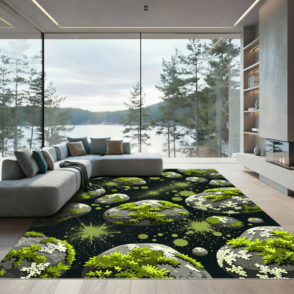 Gray Mossy Rocks Green Splatter Grunge Rug