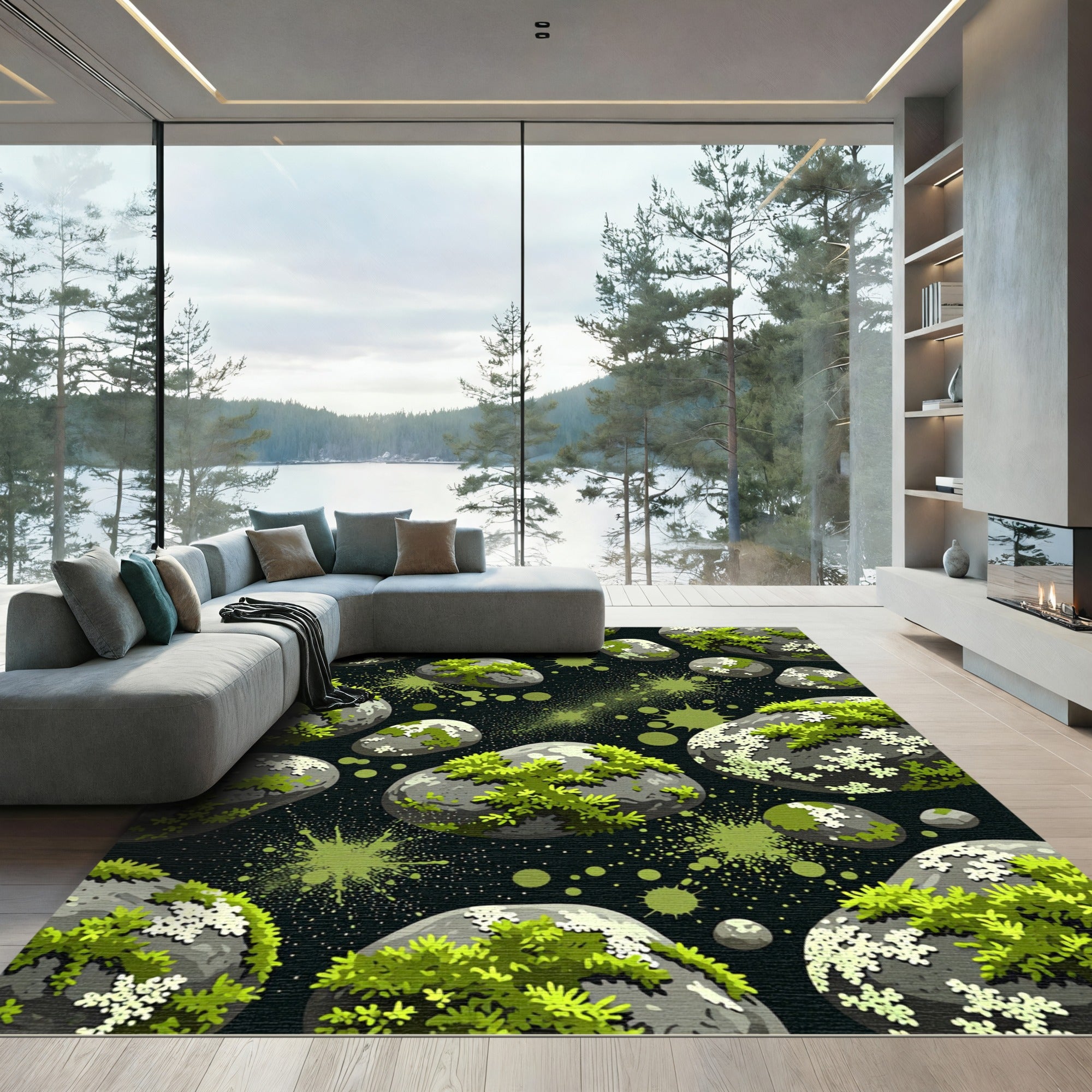Gray Mossy Rocks Green Splatter Grunge Rug
