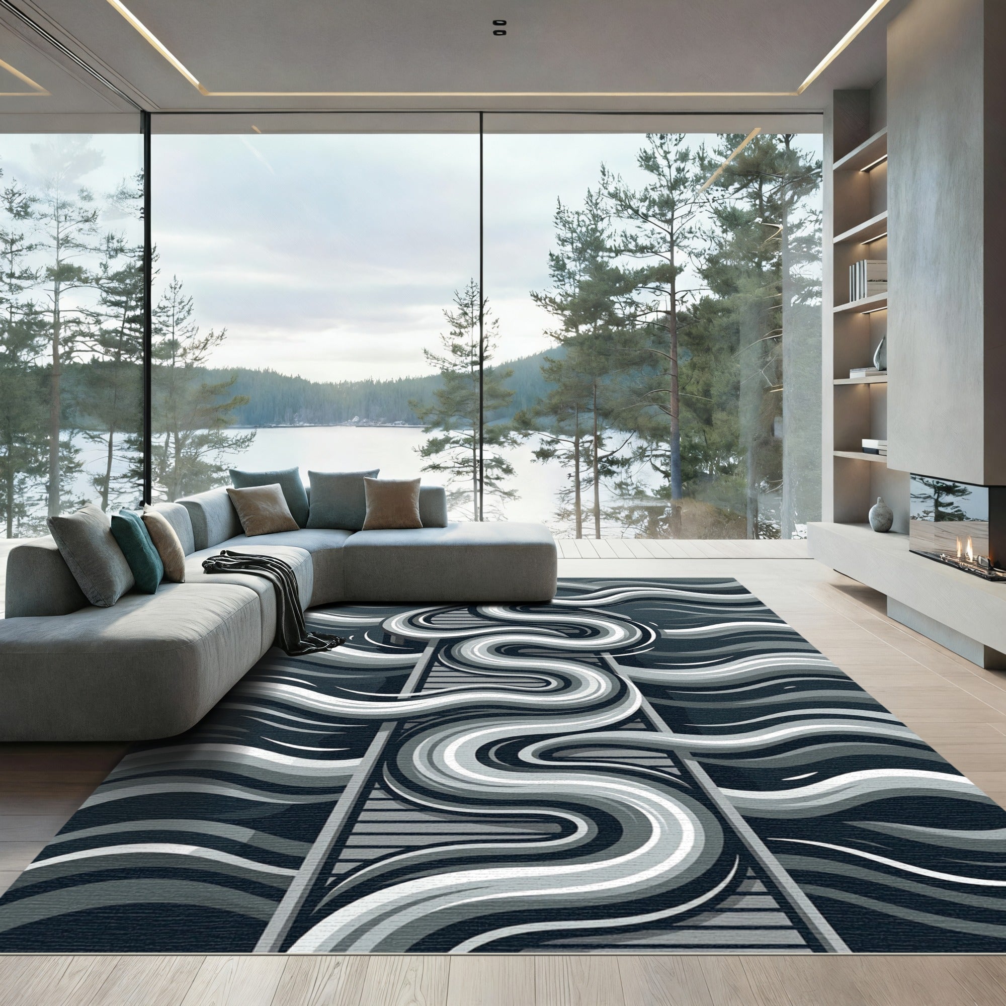 Monochrome Abstract Flowing Waves Rug
